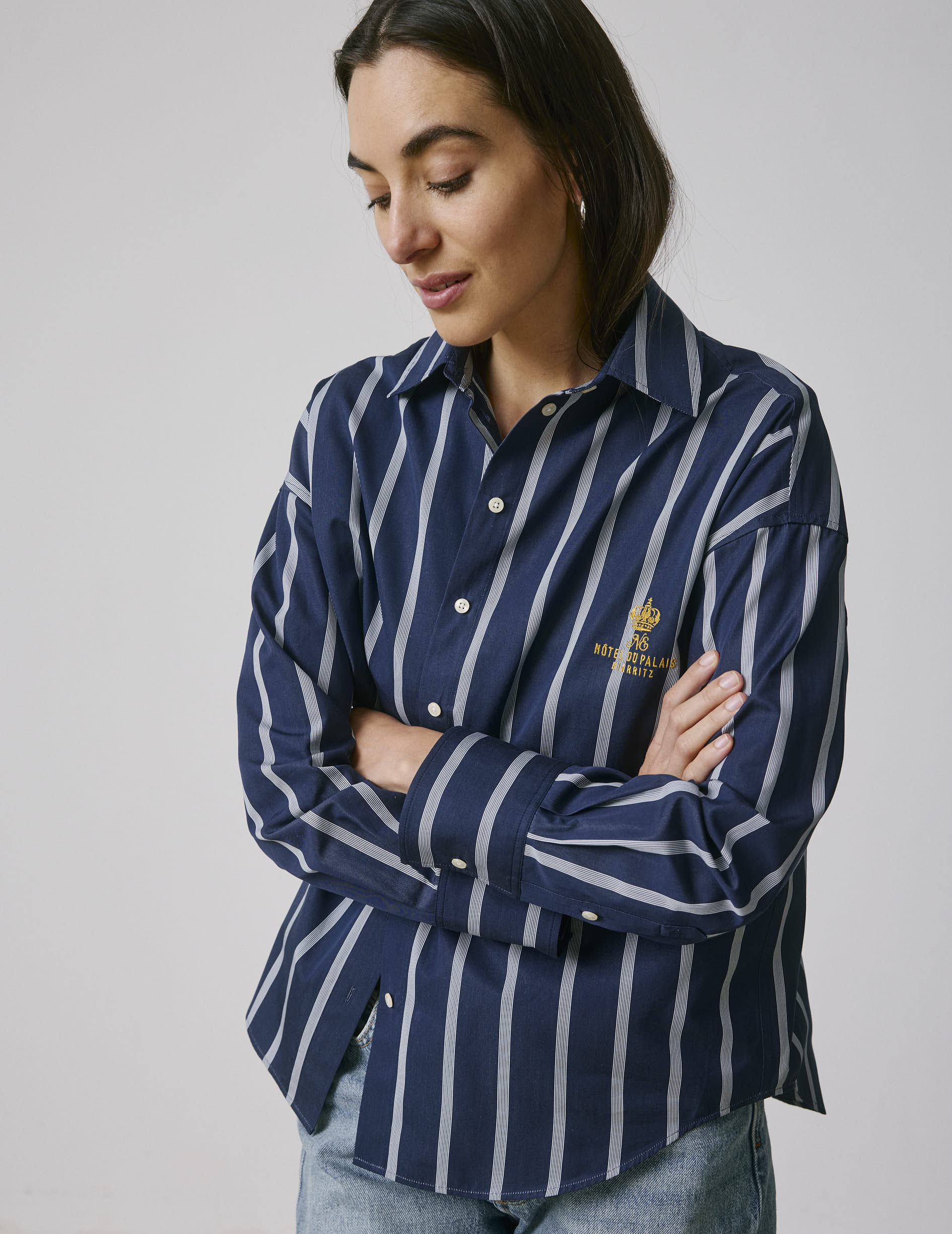 Chemise oversize Eugénie rayée bleu marine - Popeline - Col Chemise