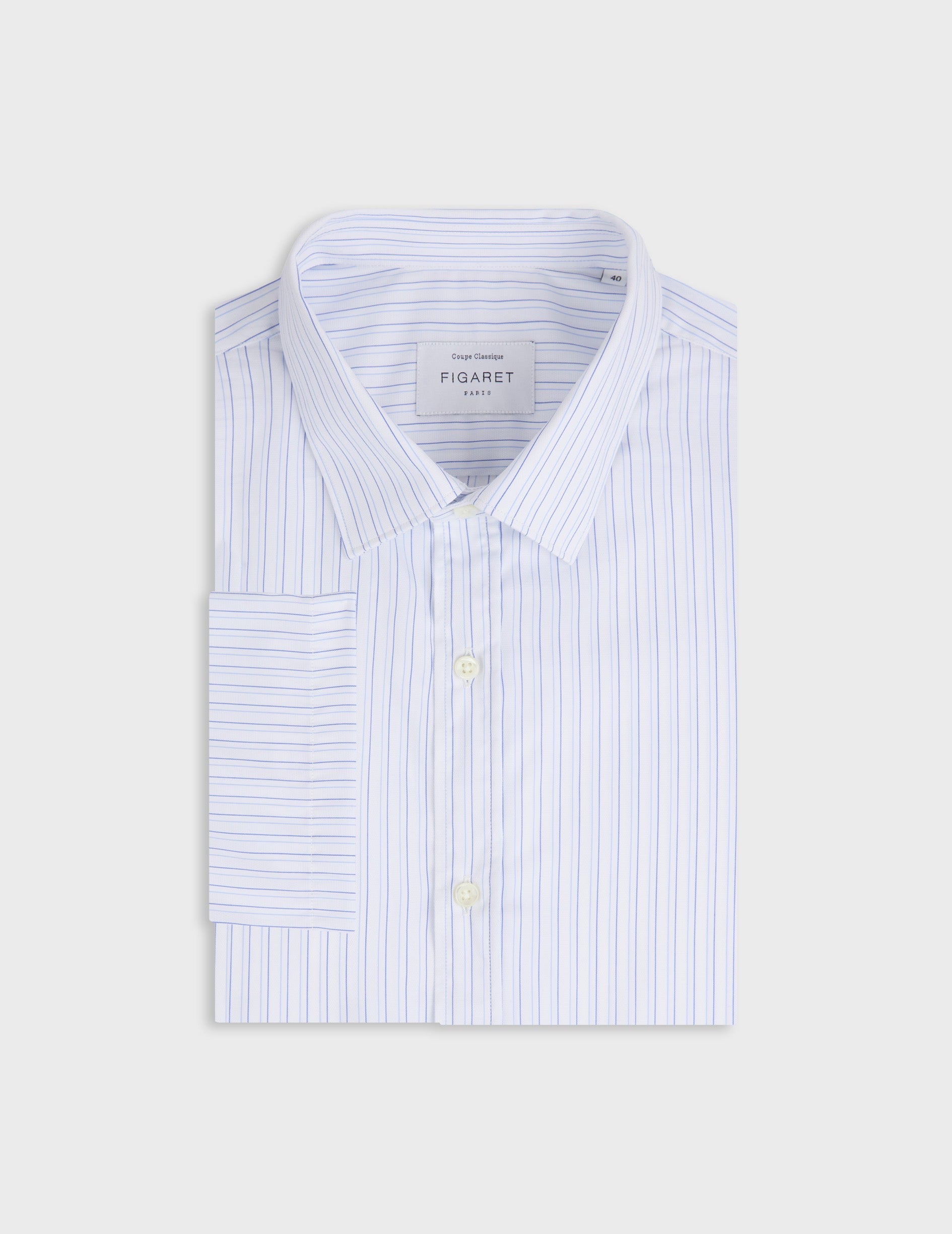 Chemise classique manches courtes rayée bleue - Façonné - Col Figaret