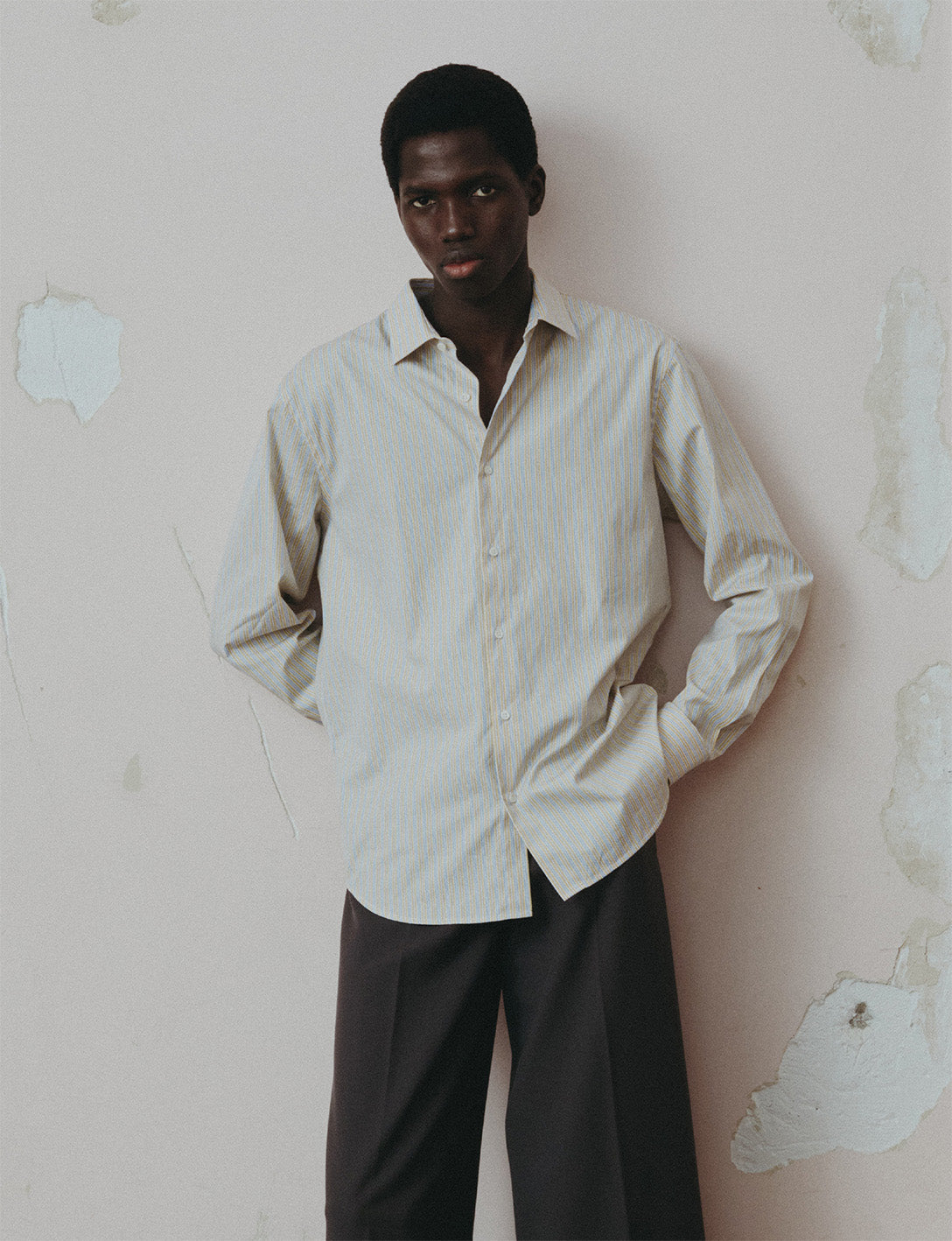イエローストライプセミフィットシャツ - ポプリン - Figaretカラー