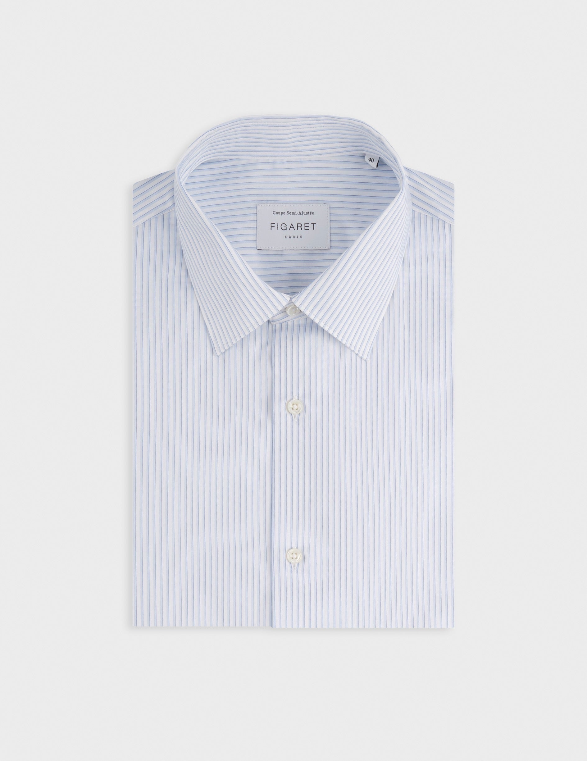 Semi-fitted striped light blue Travel shirt - Twill - Figaret Collar - Easy-iron