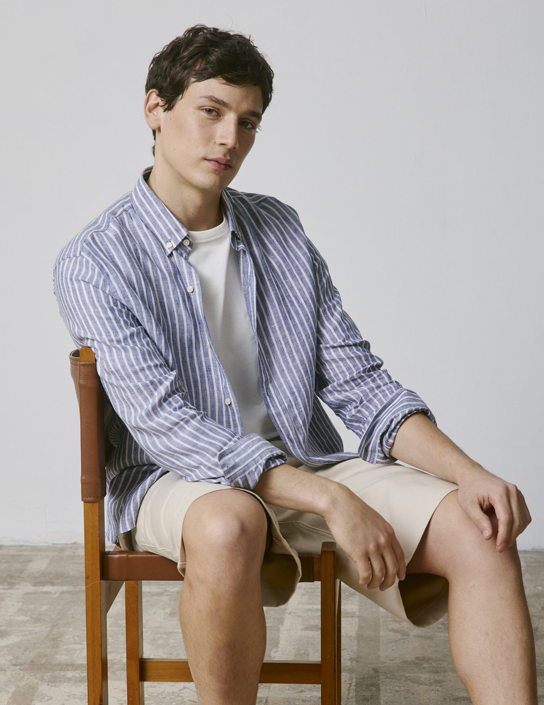 Chemise Gaspard en lin rayé bleu - Lin - Col Américain
