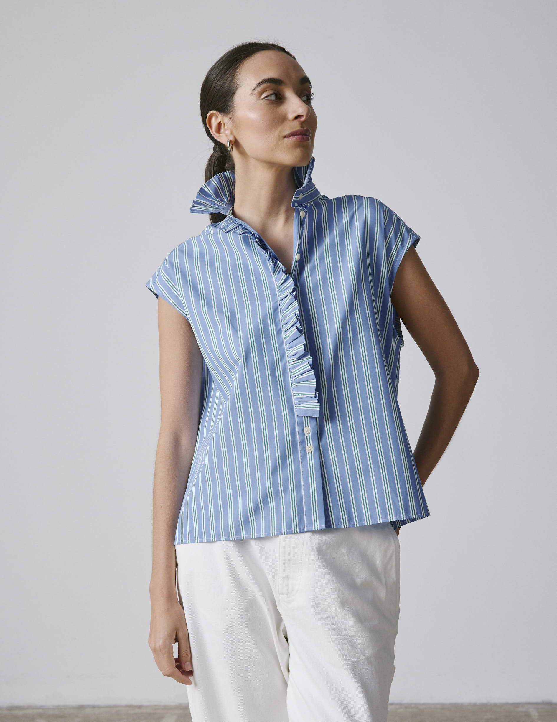 Chemise Gretie rayée bleue - Popeline - Col Victorien