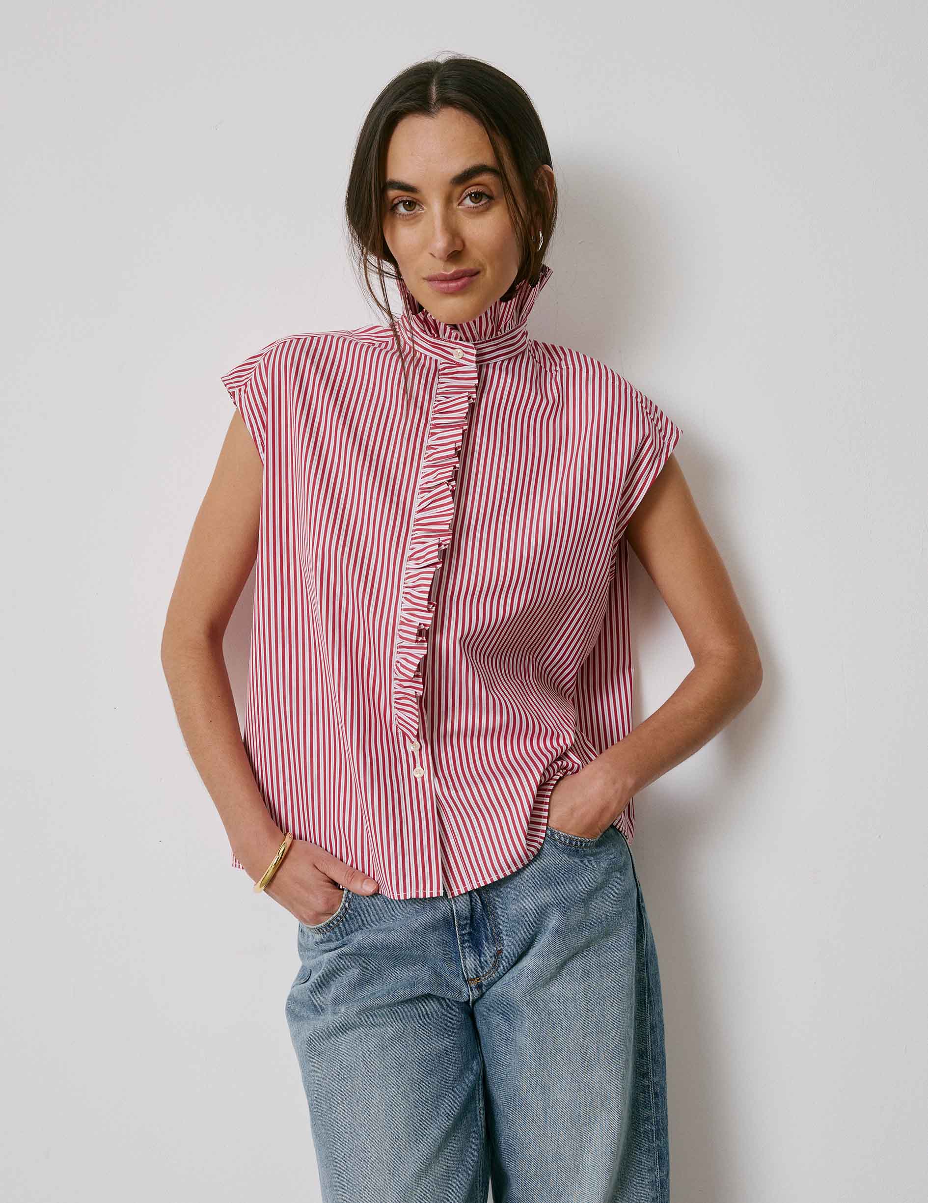 Chemise Gretie rayée rouge - Popeline - Col Victorien