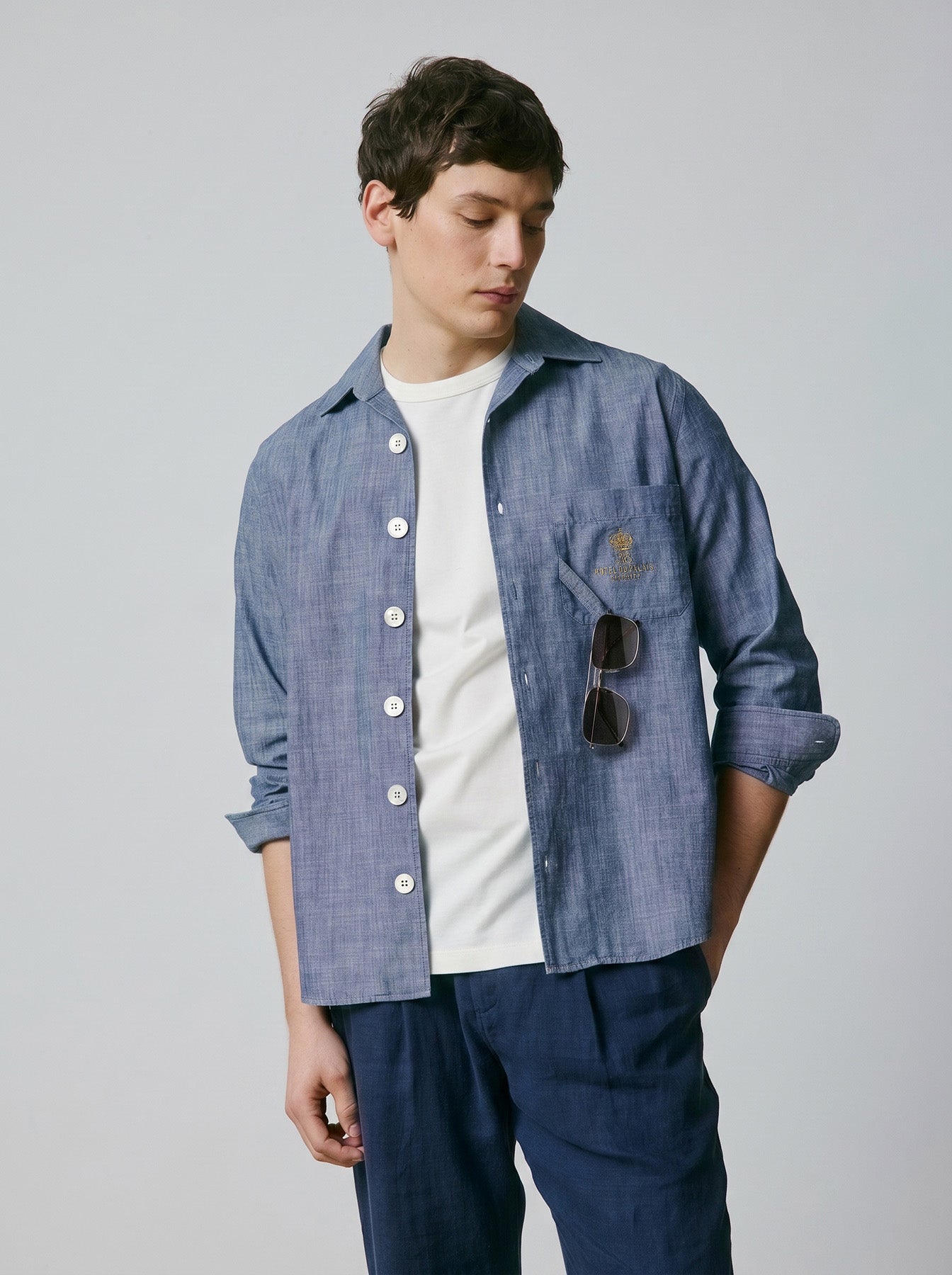 Guéthary Blue unisex shirt - Chambray - Shirt without collar stand Collar
