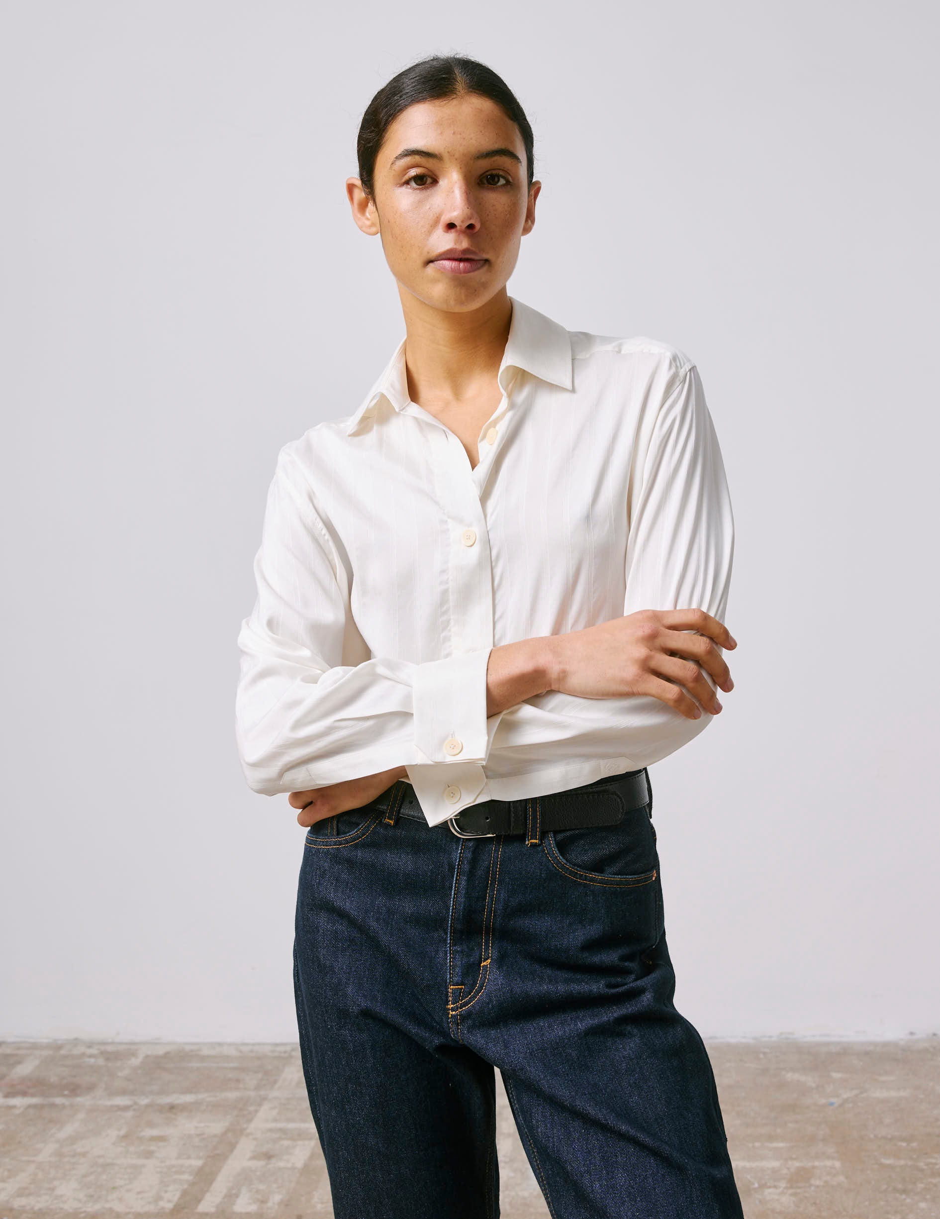 Striped ecru silk Hannah shirt  - Silk - Shirt Collar - French Cuffs