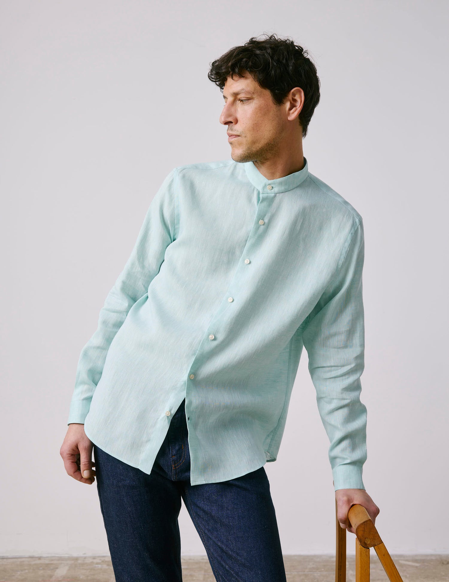 Herwin turquoise linen shirt - Lin - Officier Collar