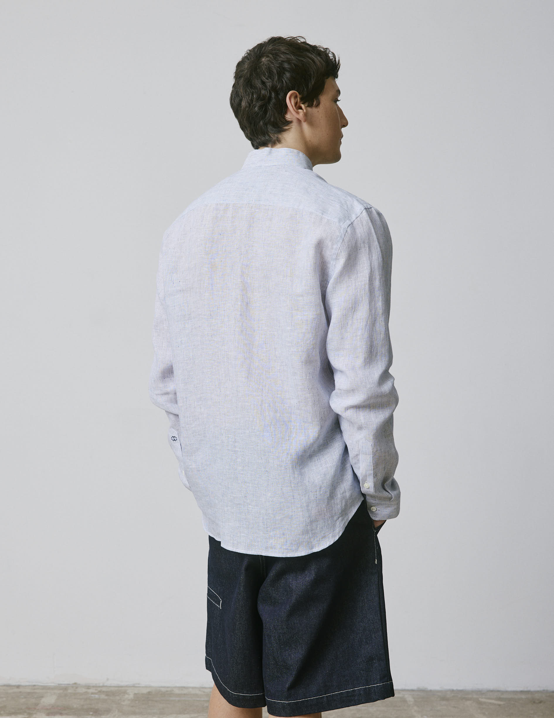 Striped navy linen semi-fitted shirt - Linen - Reverse Collar