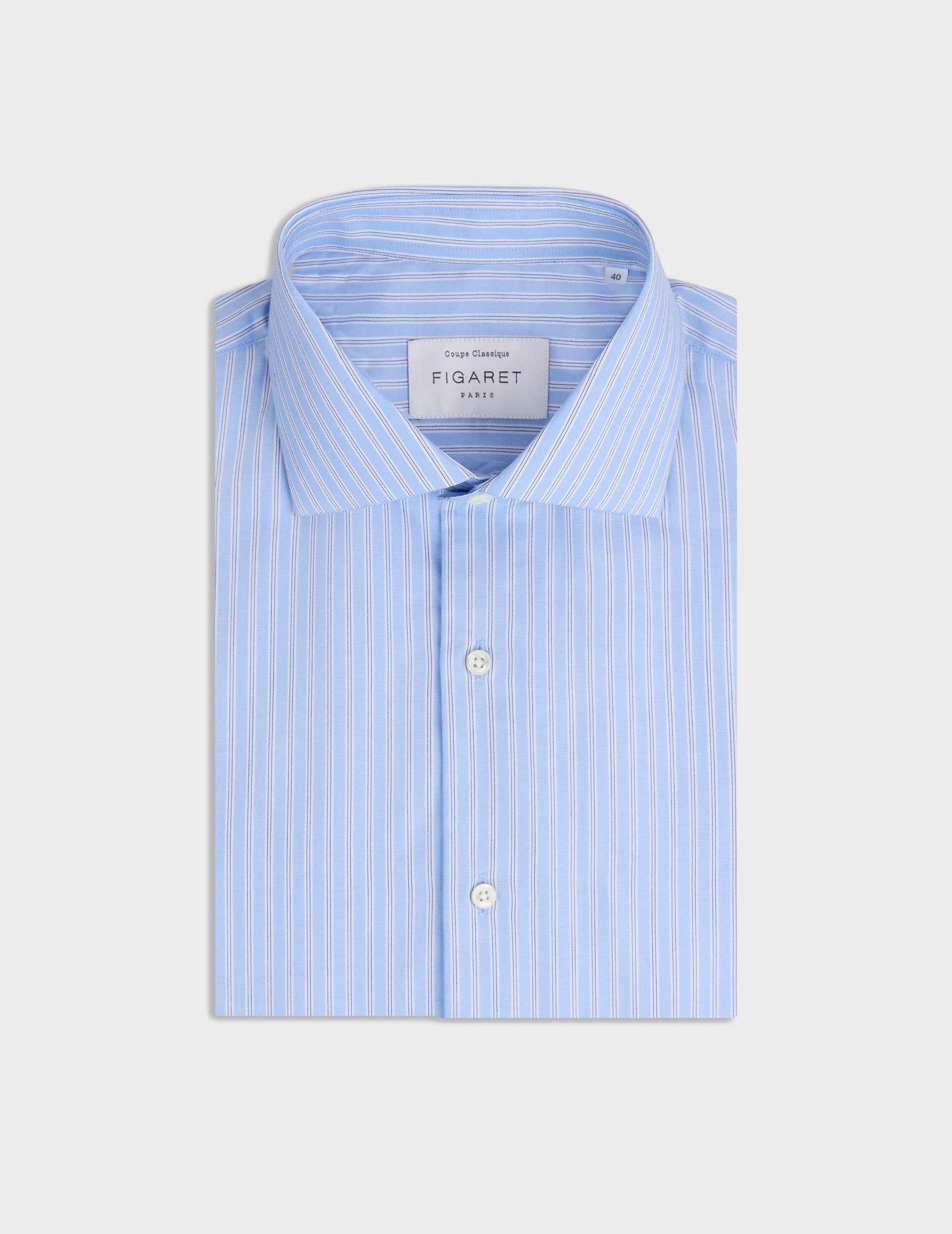 Chemise classique rayée bleue - Pinpoint - Col Italien - Poignets Mousquetaires