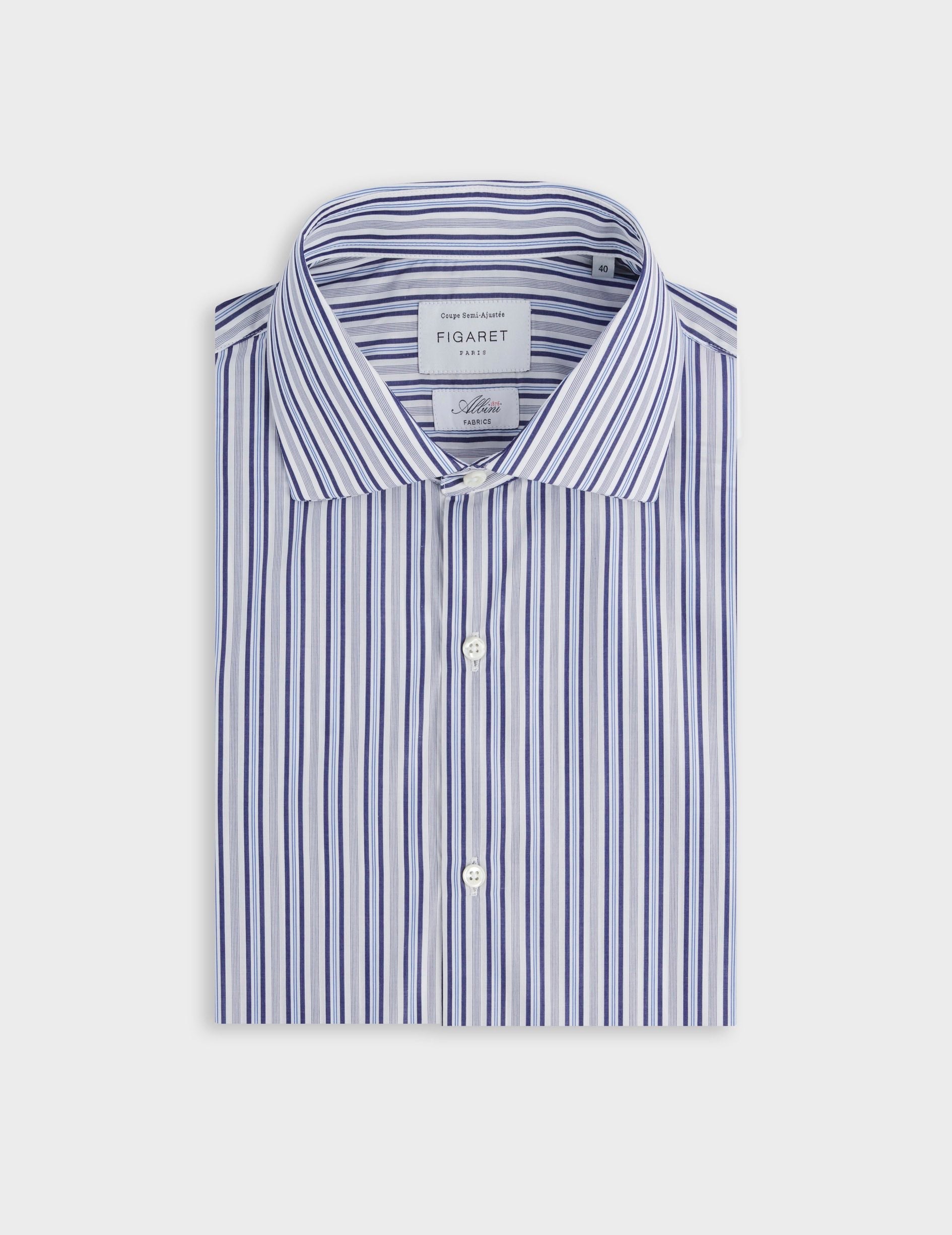 Chemise semi-ajustée rayée bleu marine - Popeline - Col Italien