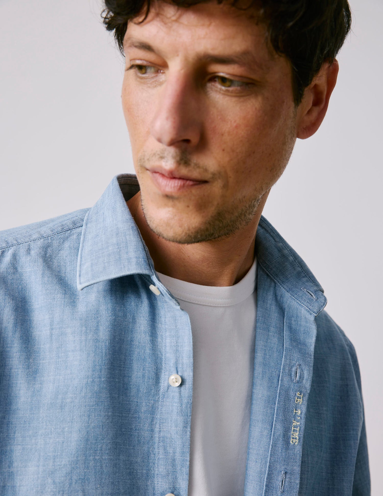 Chemise mixte "Je t'aime" bleue - Chambray - Col Figaret#9