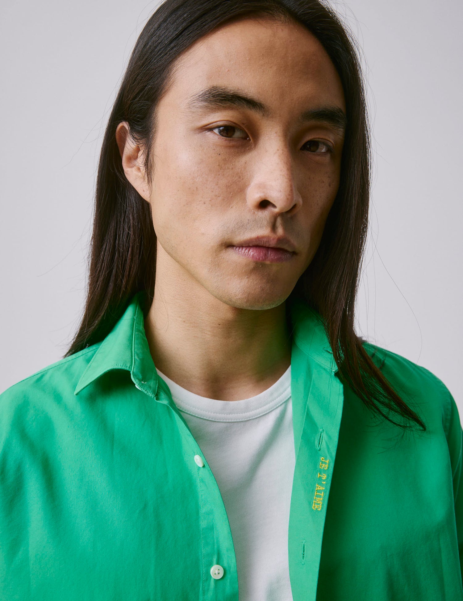 "Je t'aime" unisex green shirt - Poplin - Figaret Collar#5