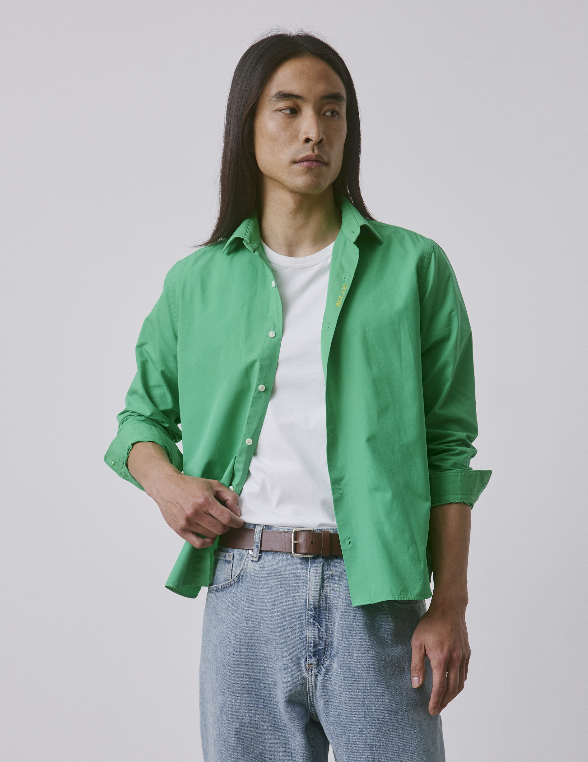 "Je t'aime" unisex green shirt - Poplin - Figaret Collar