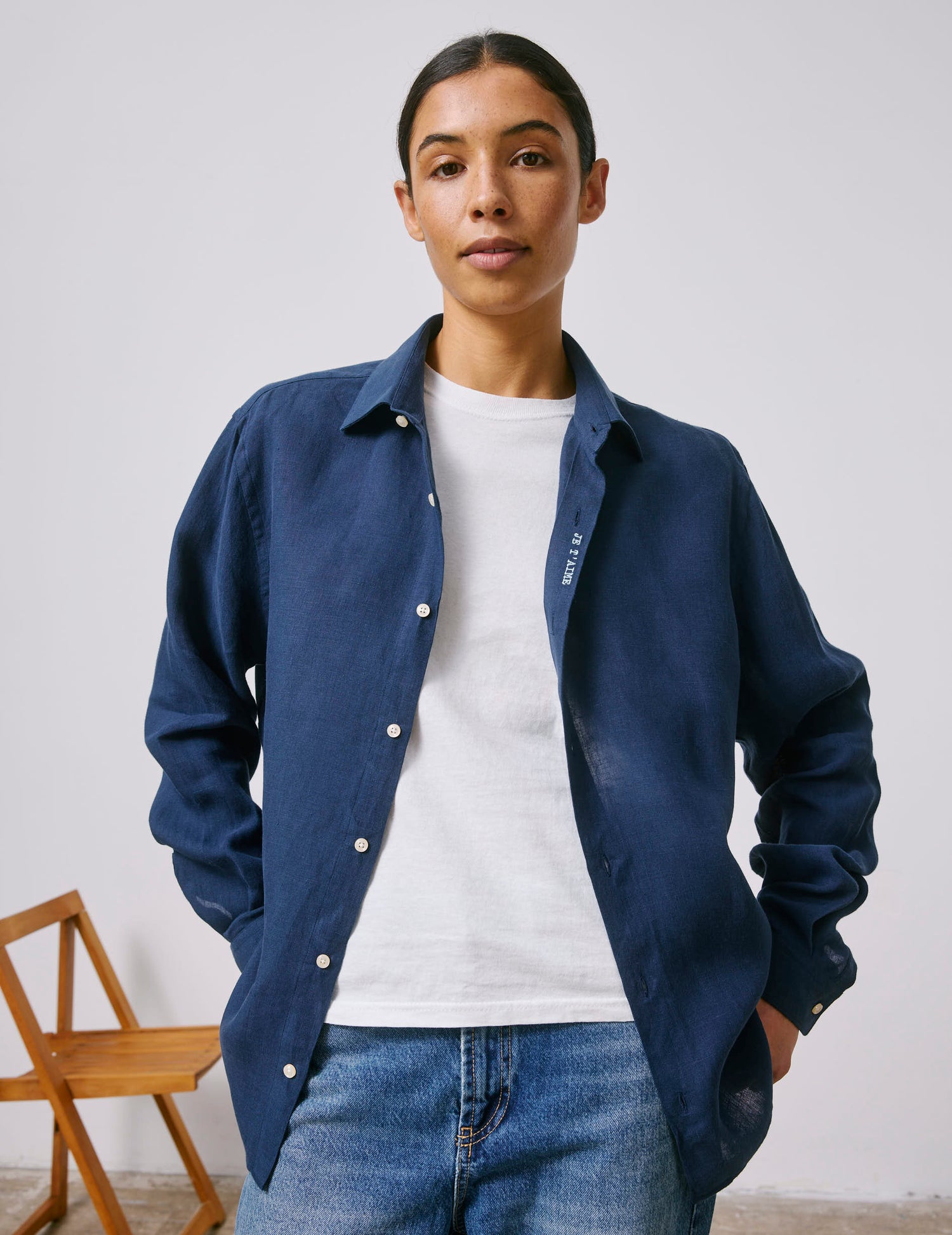 Chemise mixte "Je t'aime" en lin bleu marine - Lin - Col Figaret#5