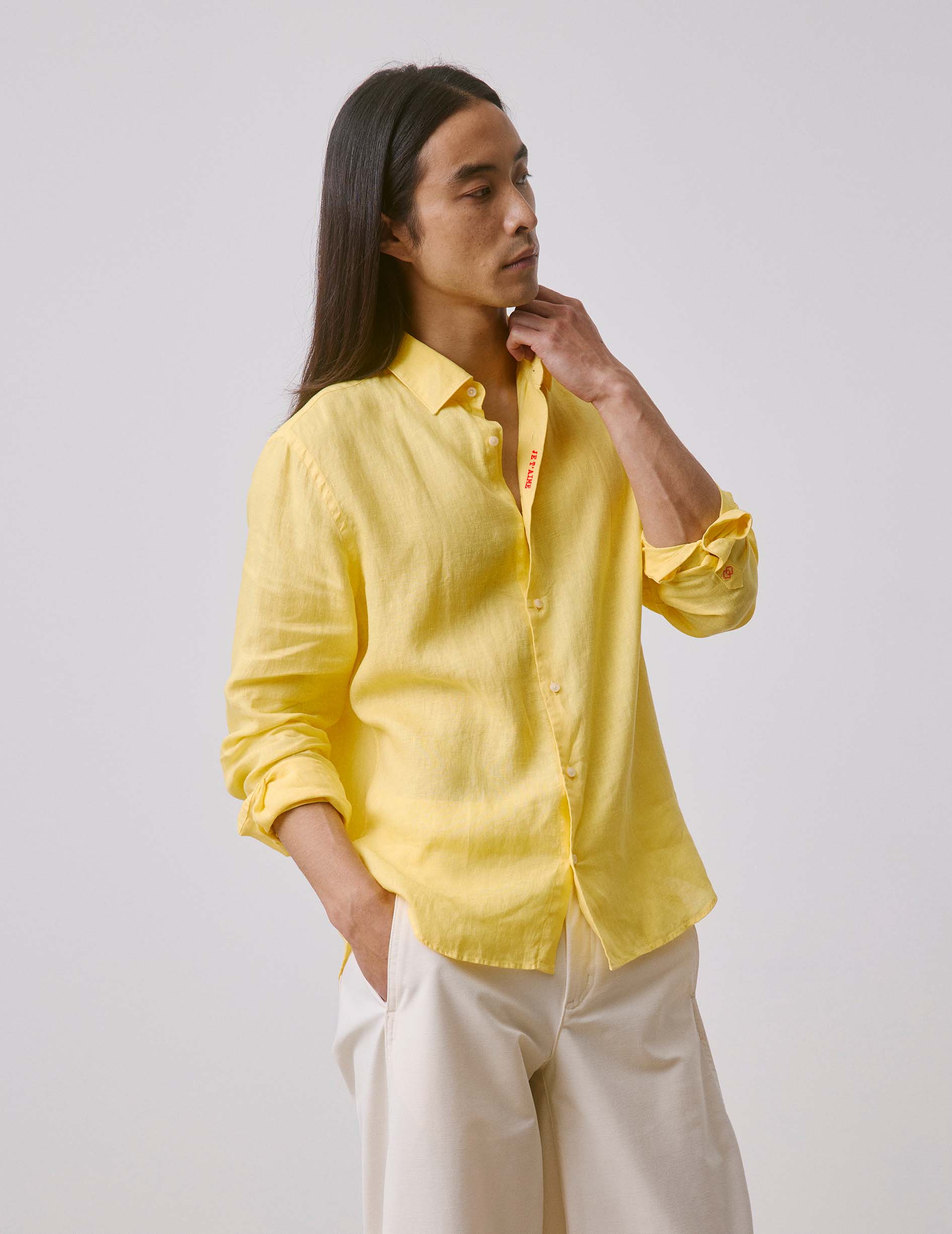 Unisex linen yellow "Je t'aime" shirt - Linen - Figaret Collar