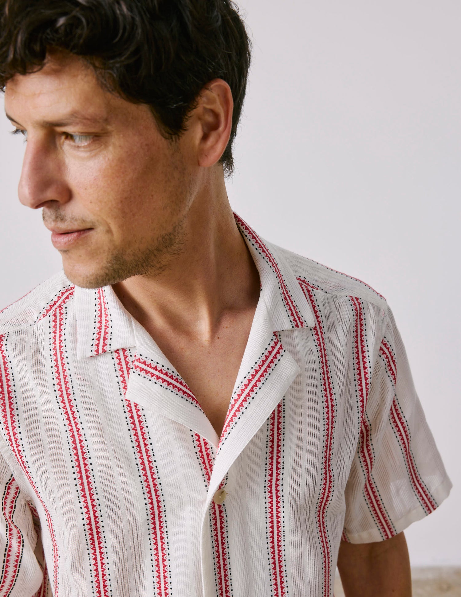 Chemise Leandre manches courtes rayée bordeaux - Voile de coton - Col Pyjama#4