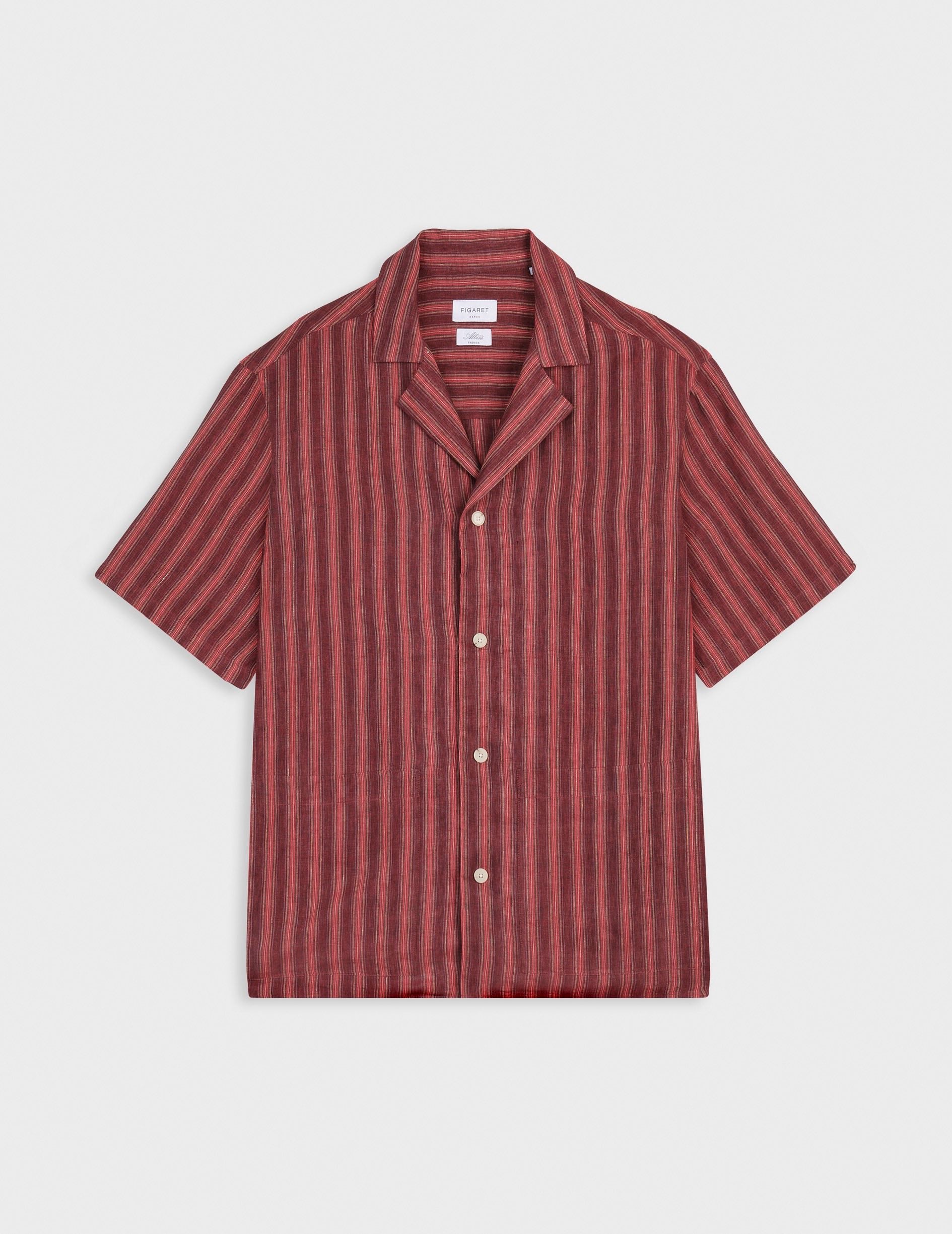 Chemise Lois manches courtes en lin rayé bordeaux - Lin - Col Pyjama
