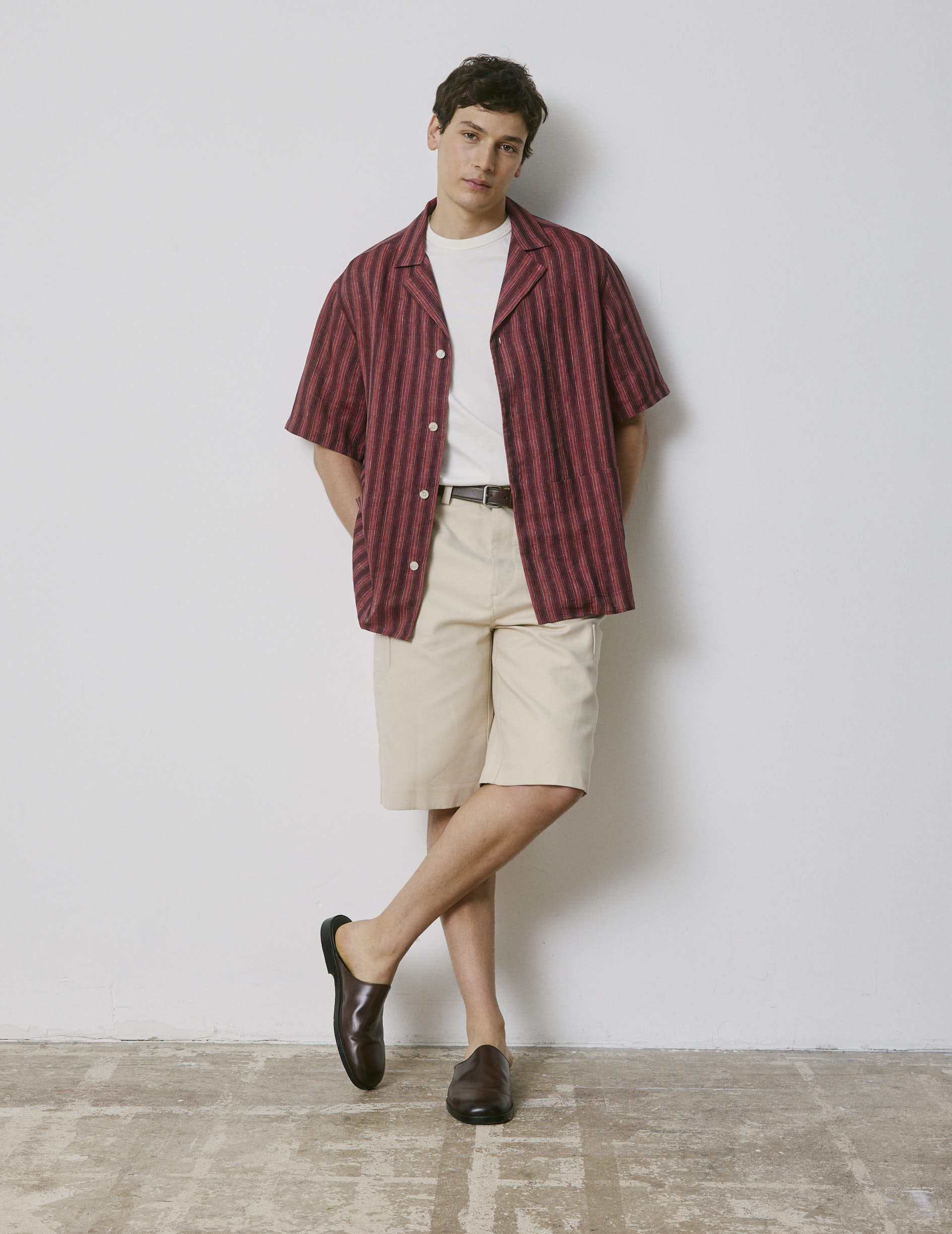 Chemise Lois manches courtes en lin rayé bordeaux - Lin - Col Pyjama