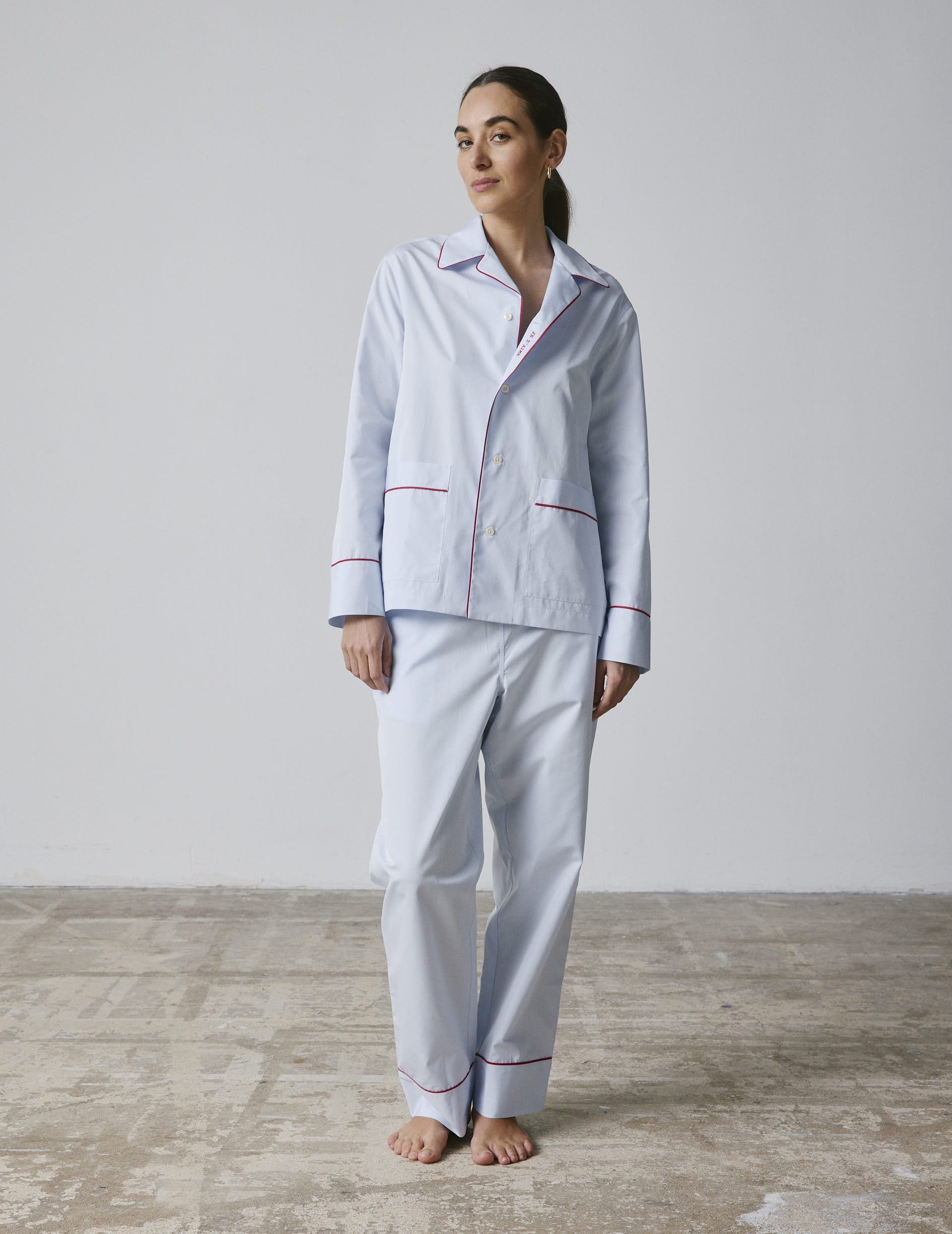 Louise pajamas in blue poplin embroidered with "Je t'aime"