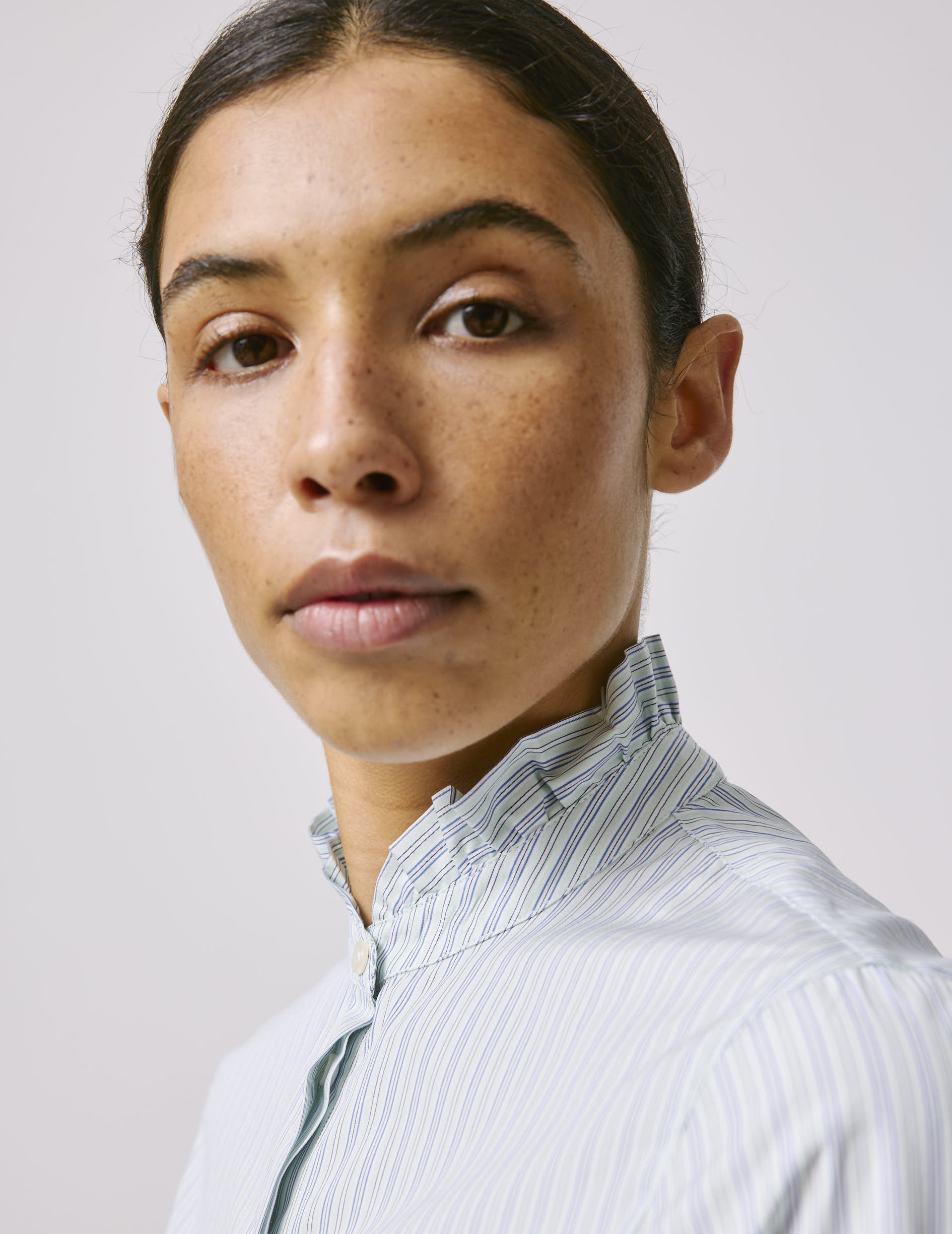 Chemise Louison gorge cachée rayée verte - Popeline - Col Victorien