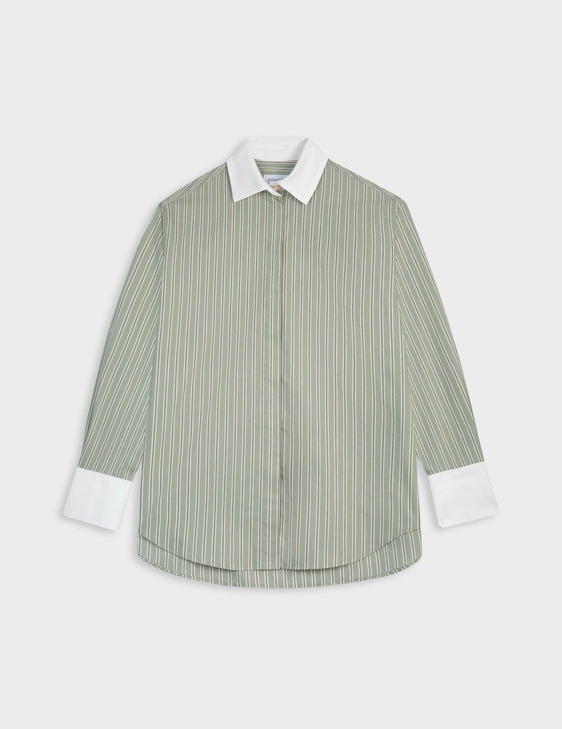 Chemise Mathéa gorge cachée rayée sauge - Voile de coton - Col Chemise