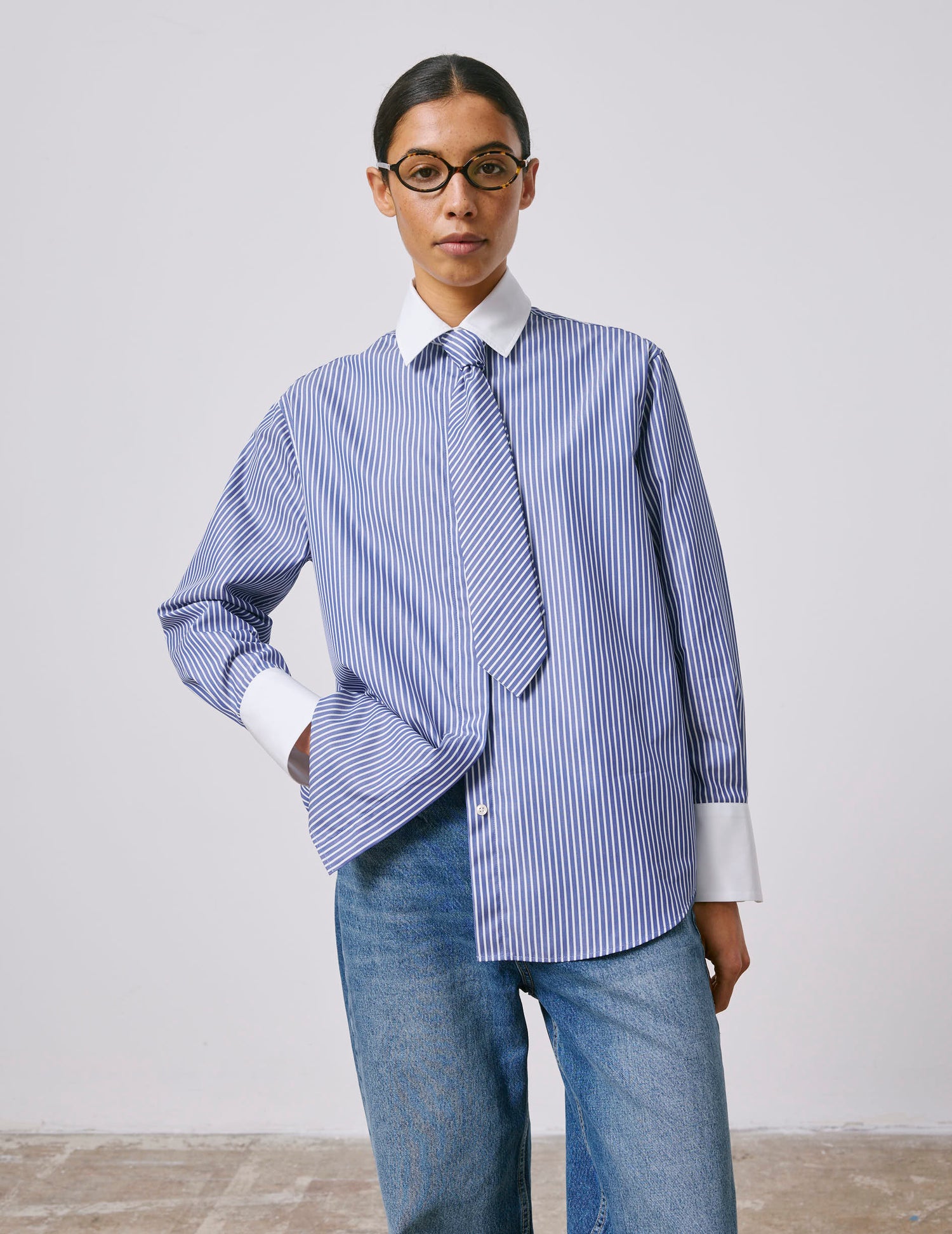 Chemise Naéline avec cravate amovible bleue - Popeline - Col Chemise#4