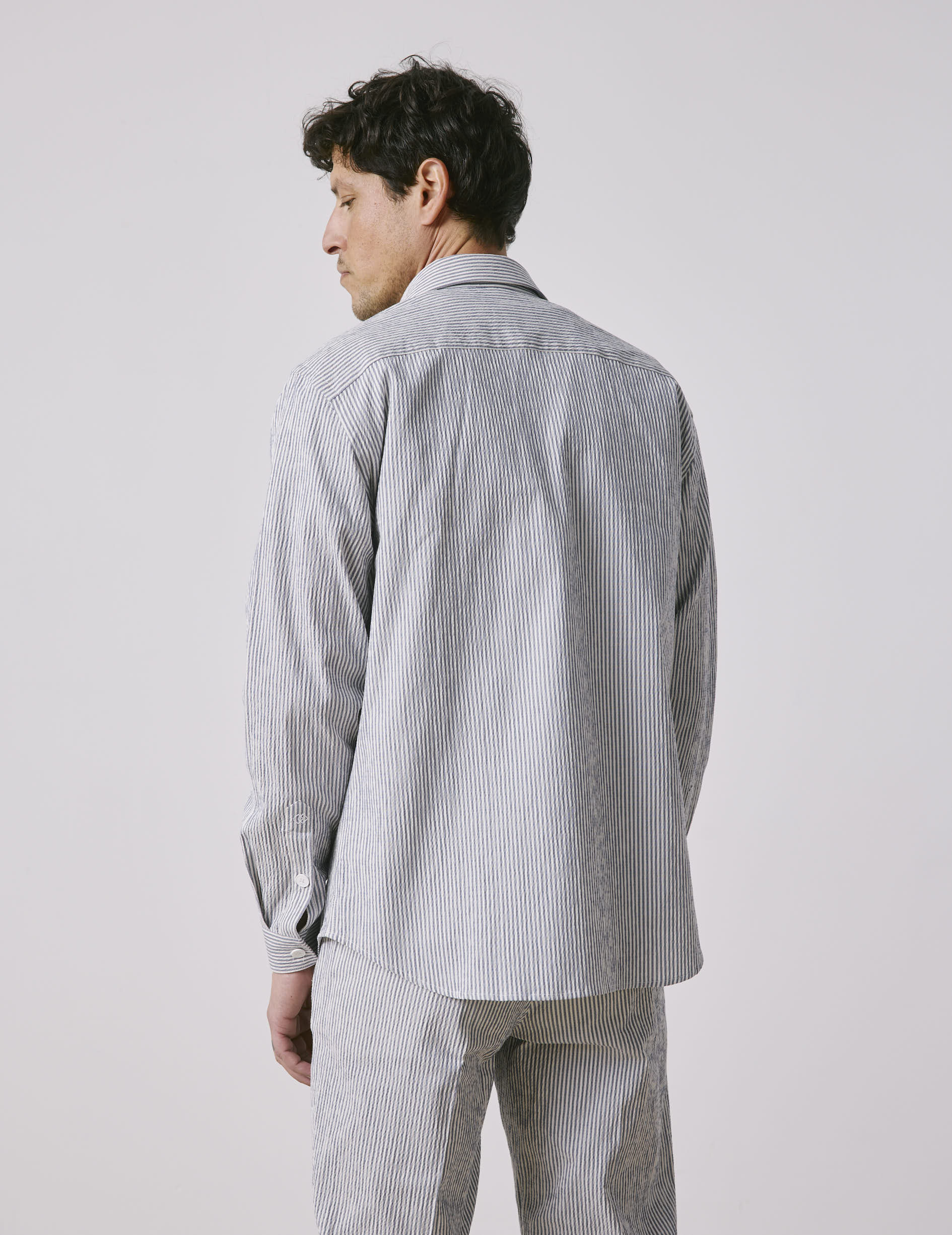 Chemise Nathael en seersucker rayé bleu - Seersucker - Col Français