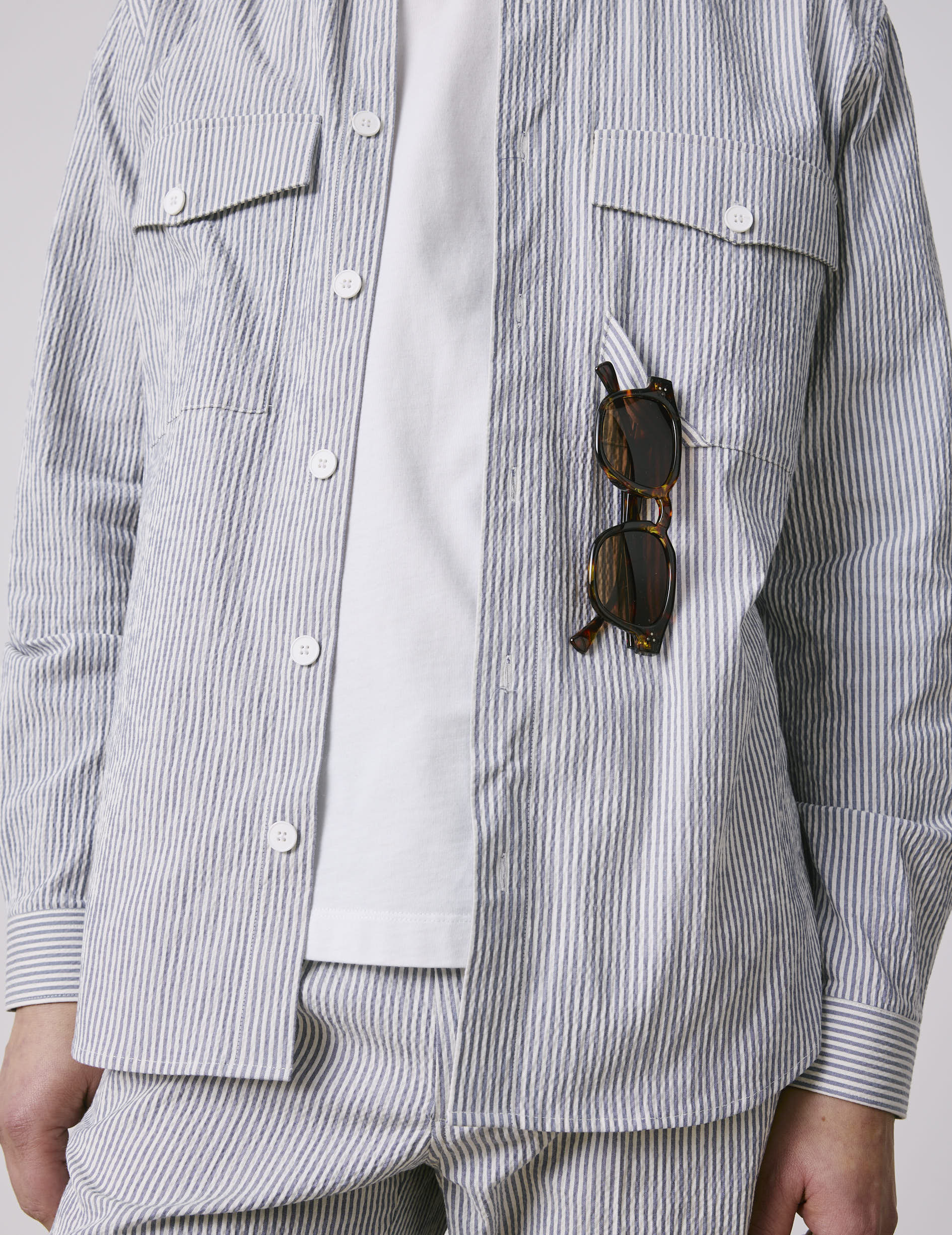 Chemise Nathael en seersucker rayé bleu - Seersucker - Col Français