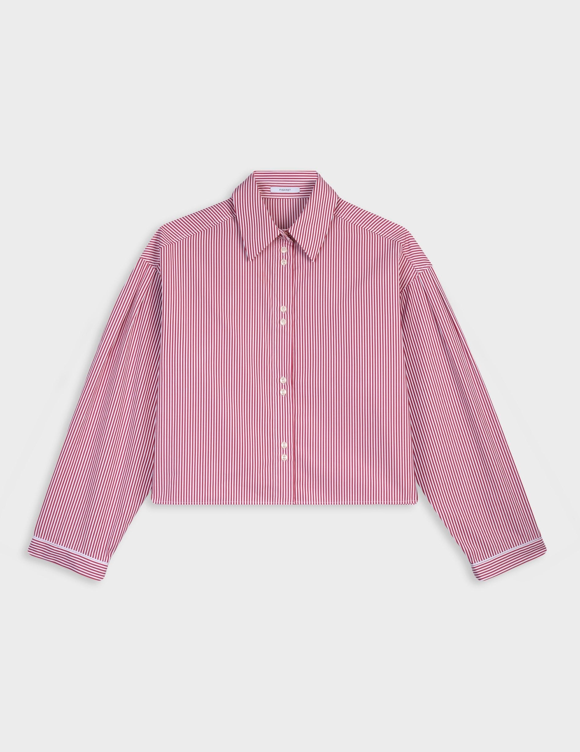 Chemise crop Ninon rayée bordeaux - Popeline - Col Chemise