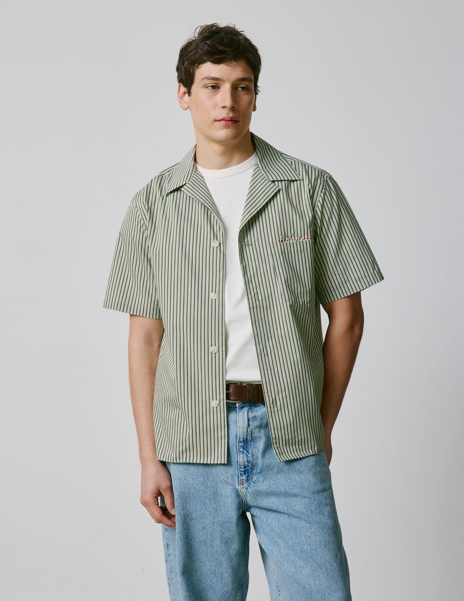 Short-sleeved striped khaki Noah shirt - Voile de coton - Requin Collar#4