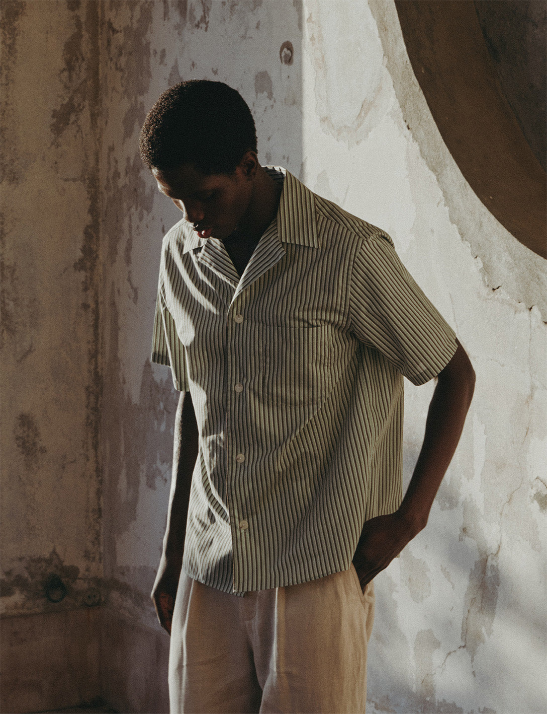 Short-sleeved striped khaki Noah shirt - Voile de coton - Requin Collar