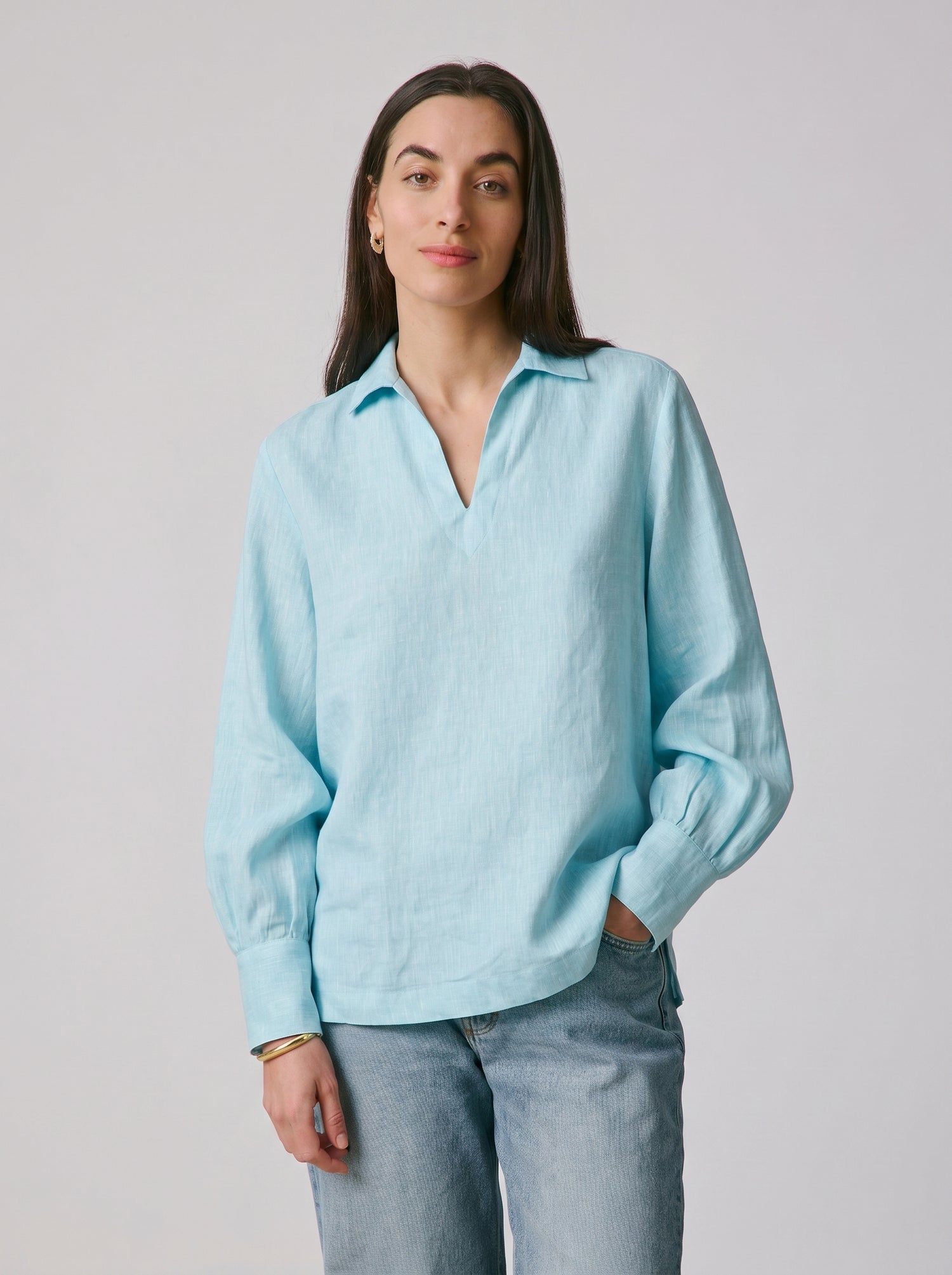 Blouse Noalie en lin turquoise - Lin - Col V