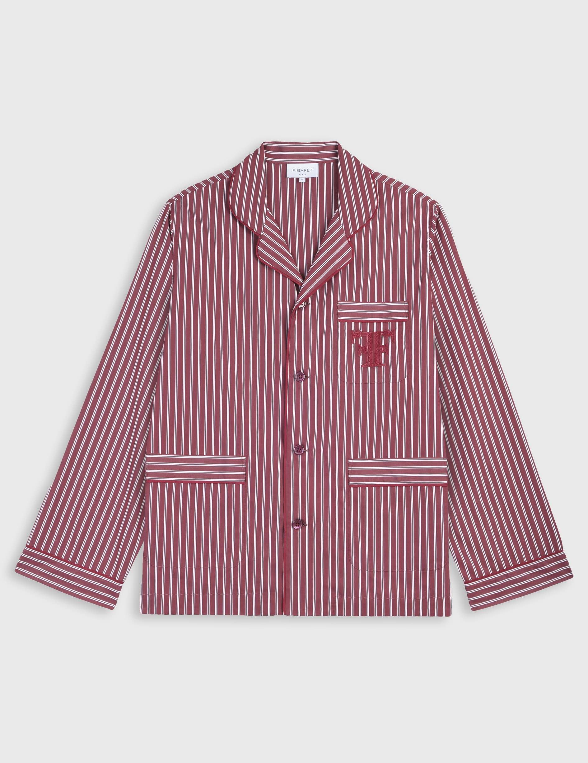 Striped burgundy Nocturne pajama top - Poplin - Pyjamas Collar