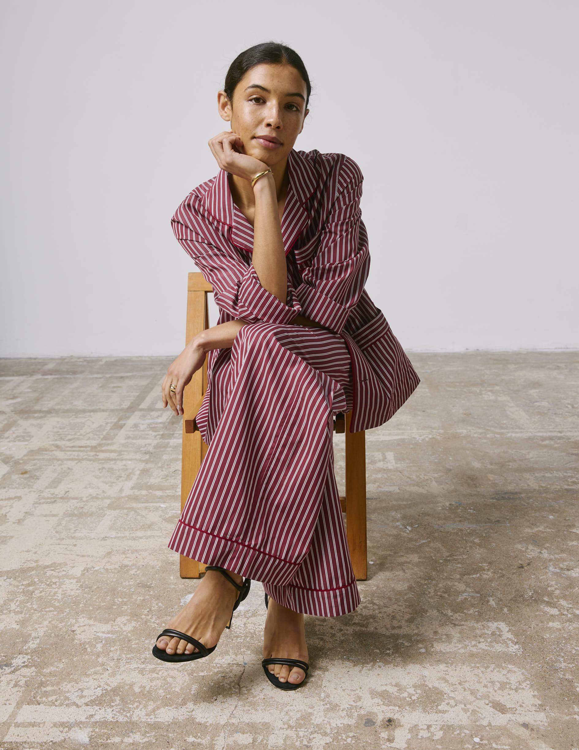 Striped burgundy Nocturne pajama top - Poplin - Pyjamas Collar