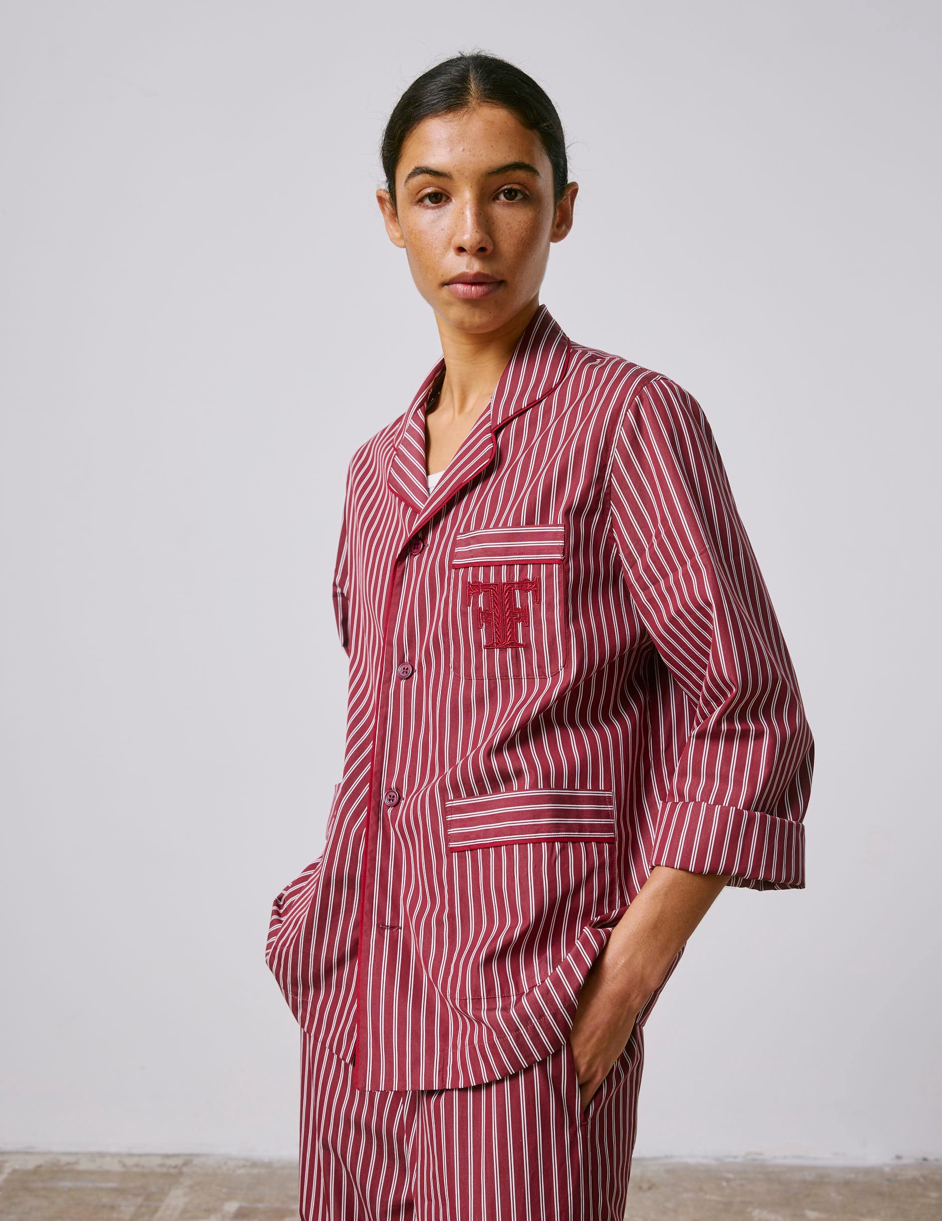Striped burgundy Nocturne pajama top - Poplin - Pyjamas Collar