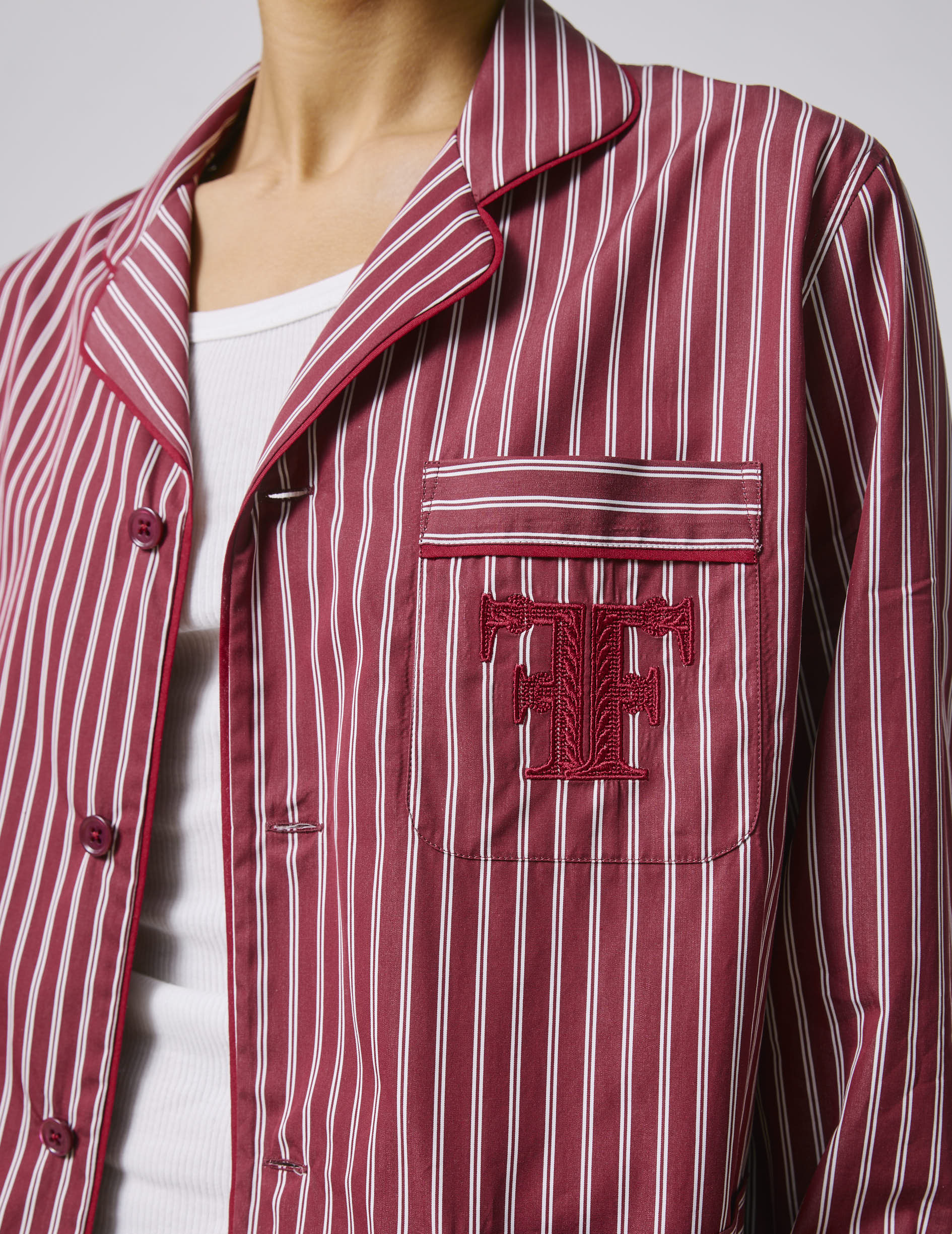 Striped burgundy Nocturne pajama top - Poplin - Pyjamas Collar