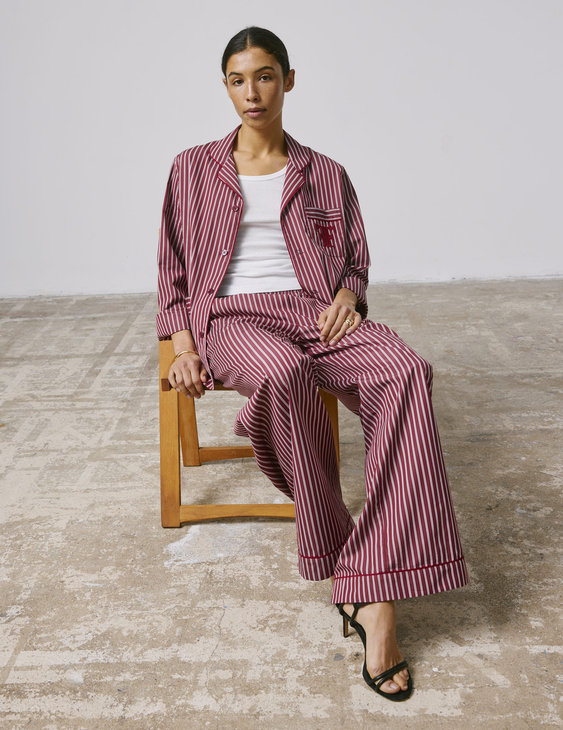 Striped burgundy Nocturne pajama top - Poplin - Pyjamas Collar