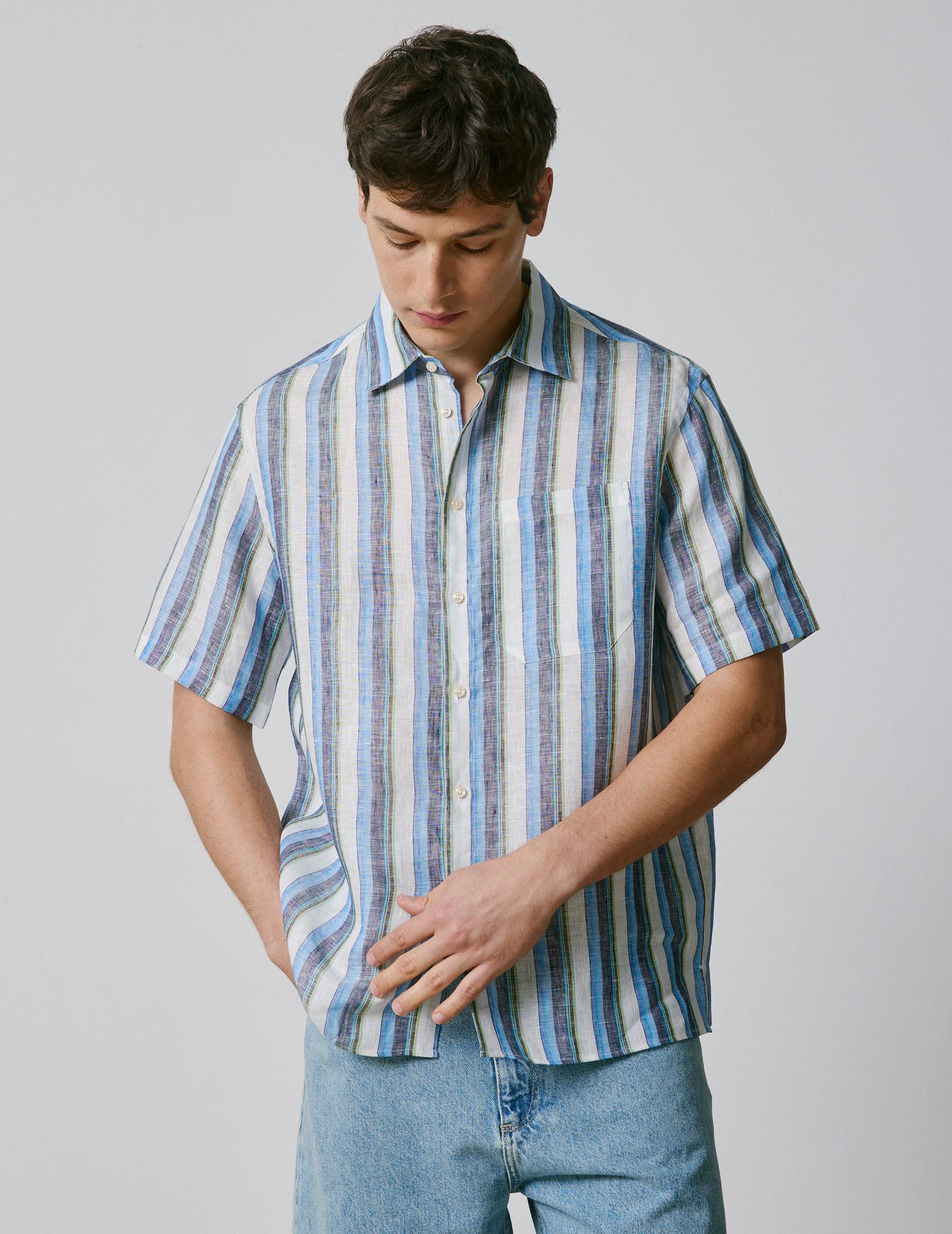 Chemise Nolhann manches courtes en lin bleu - Lin - Col Français#3