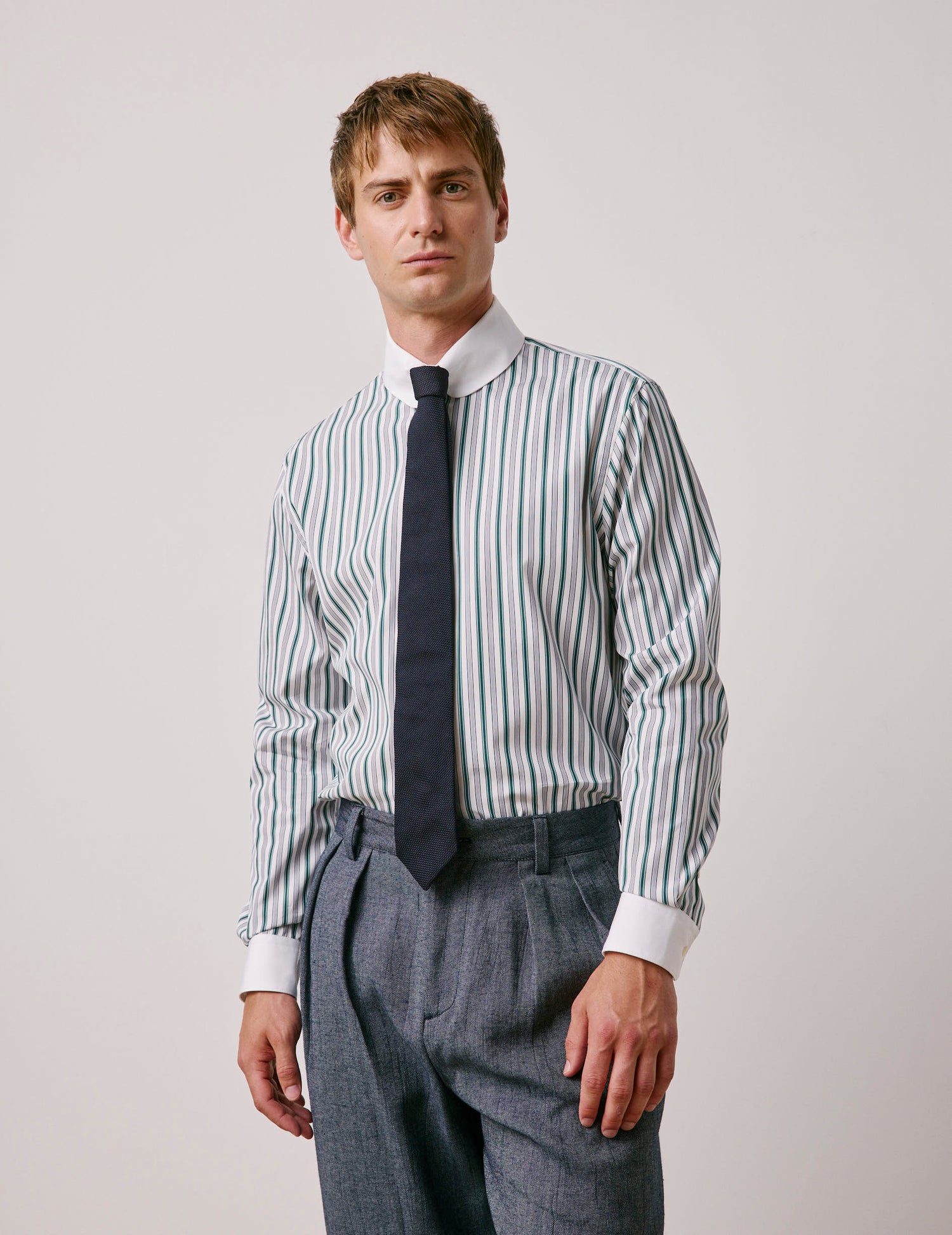 Chemise semi-ajustée rayée verte - Popeline - Col Anglais