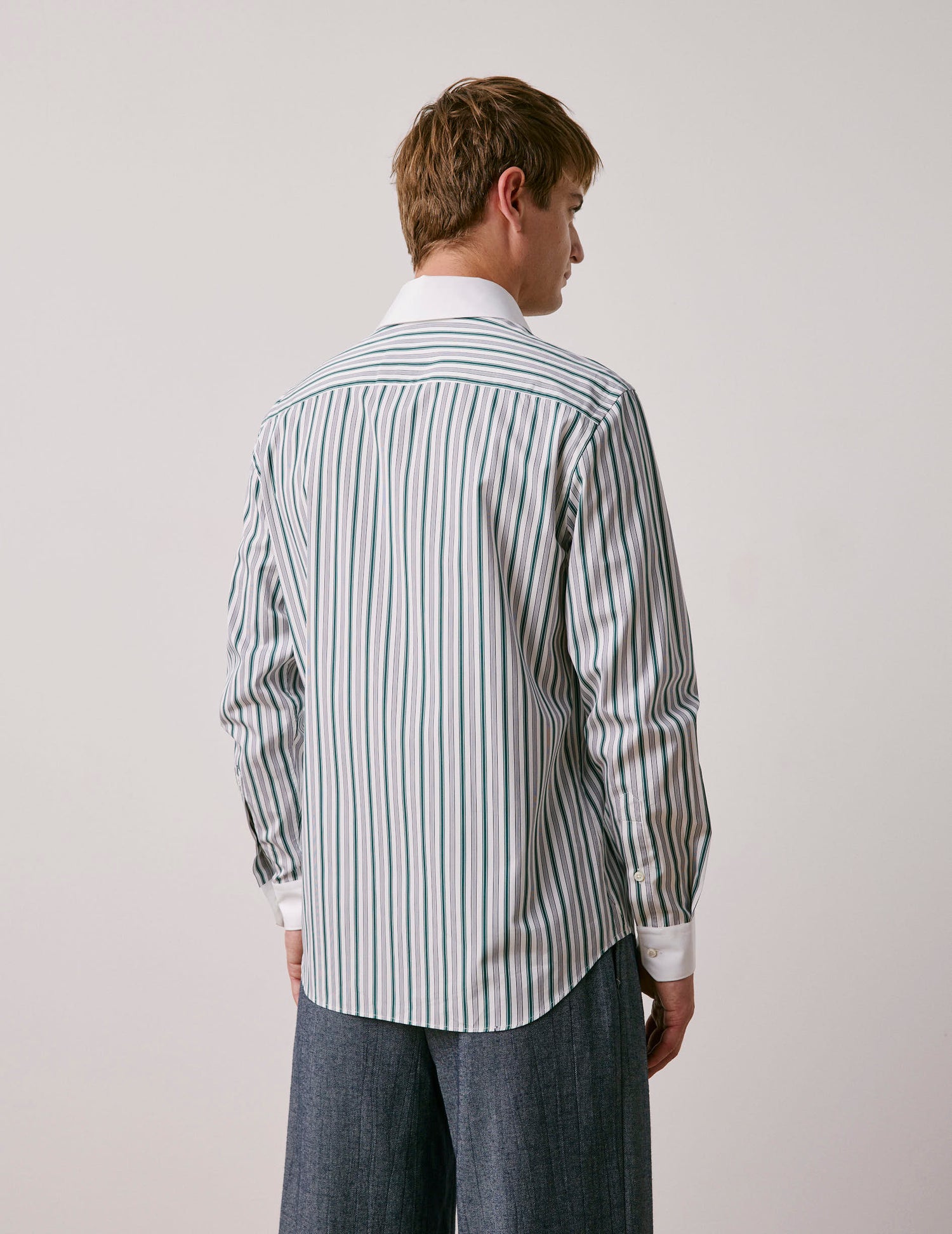 Chemise semi-ajustée rayée verte - Popeline - Col Anglais#3