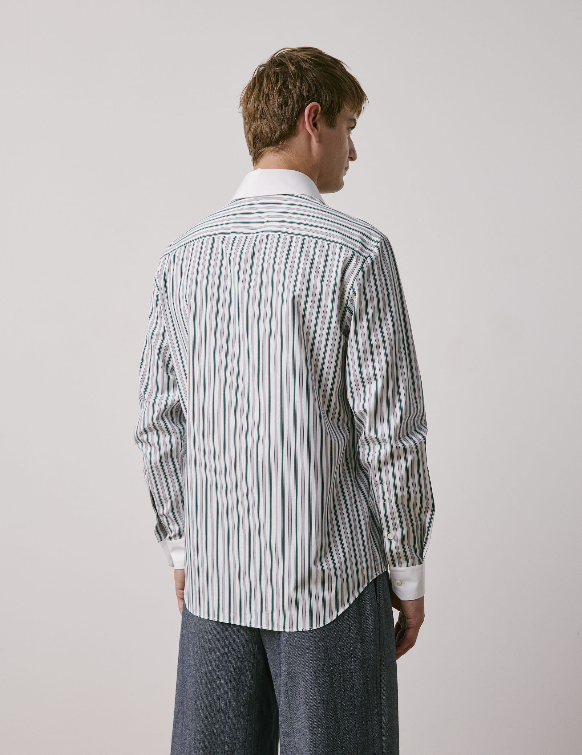 Chemise semi-ajustée rayée verte - Popeline - Col Anglais