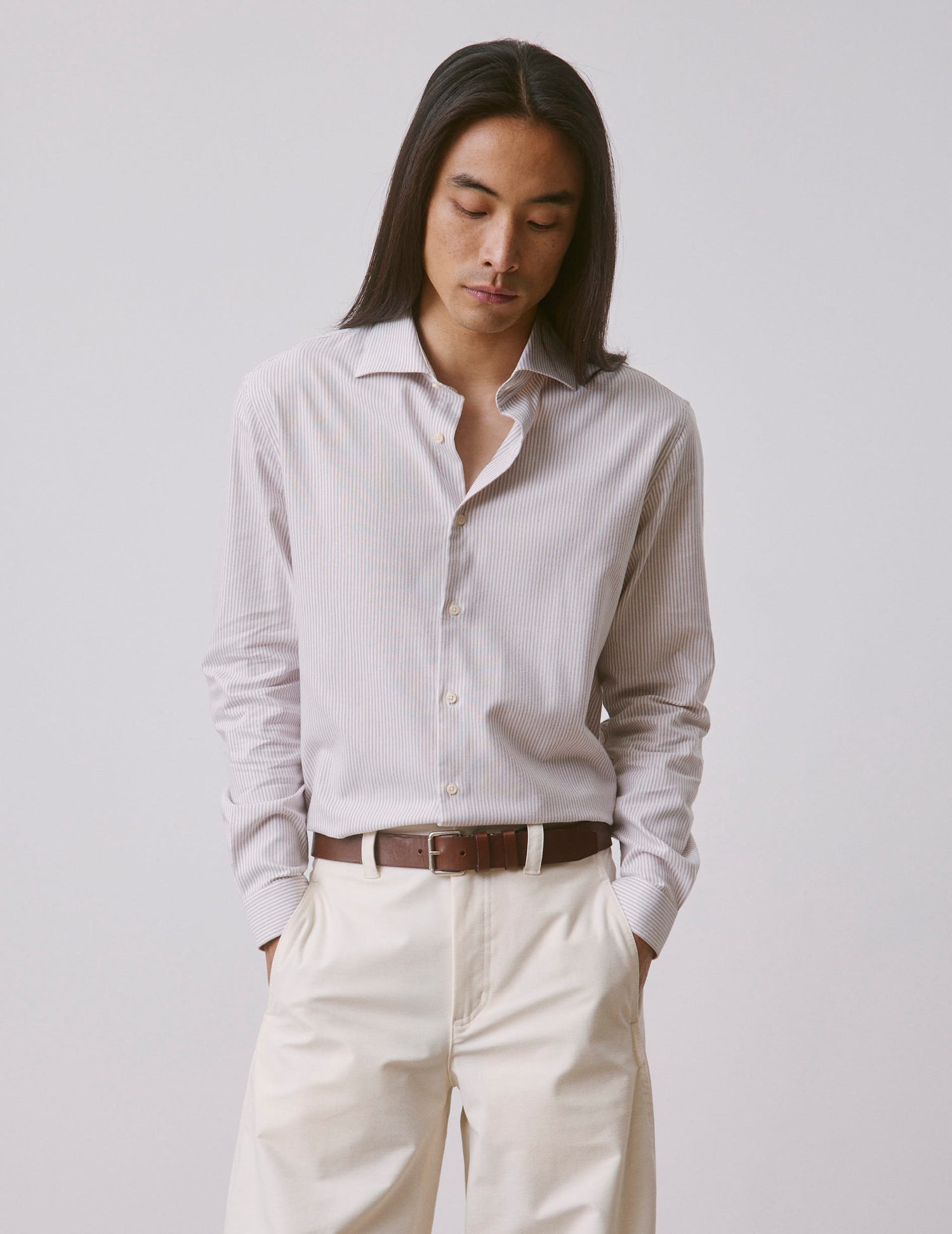 Beige striped Aristote shirt - Oxford - Italian Collar