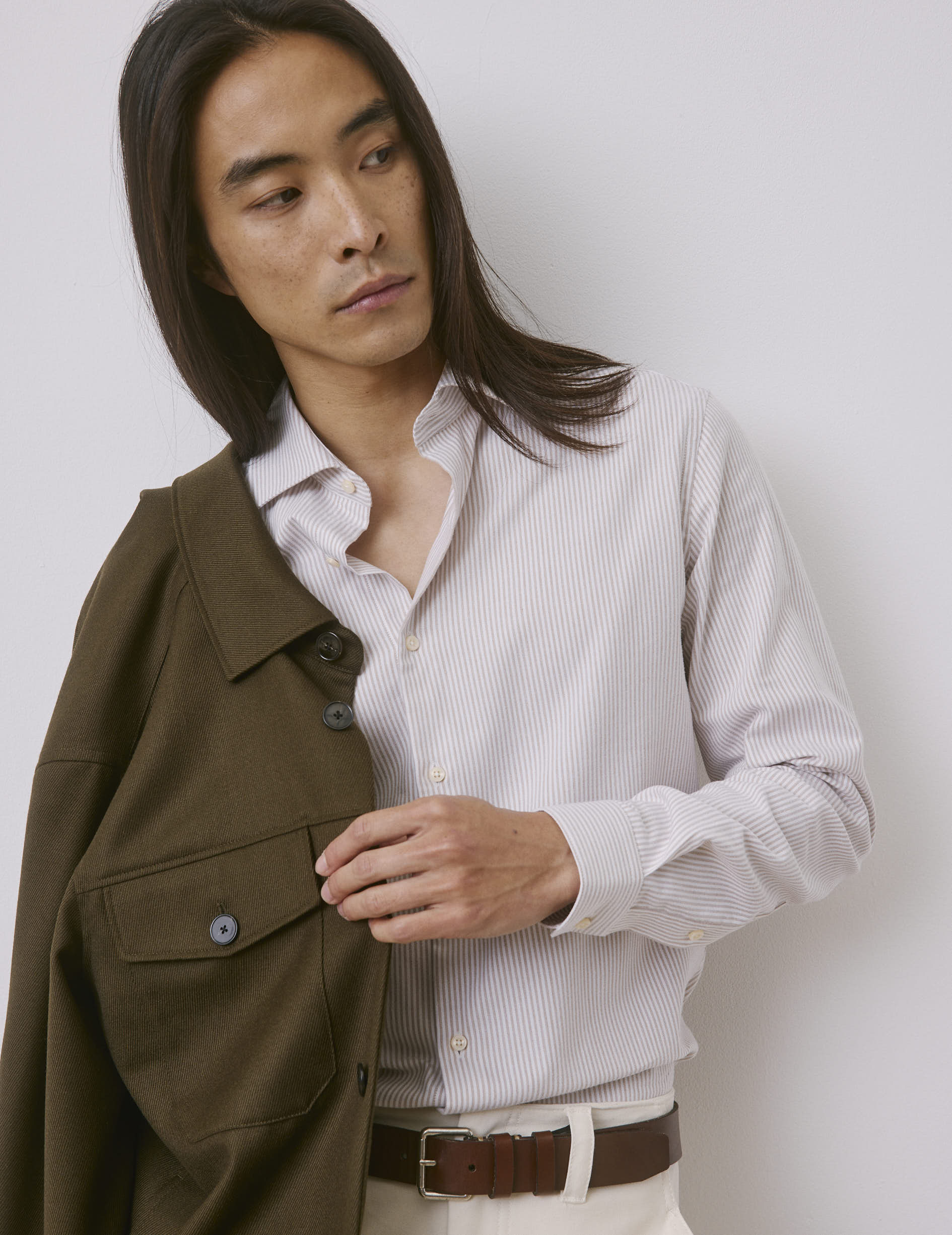 Chemise Aristote rayée beige - Oxford - Col Italien