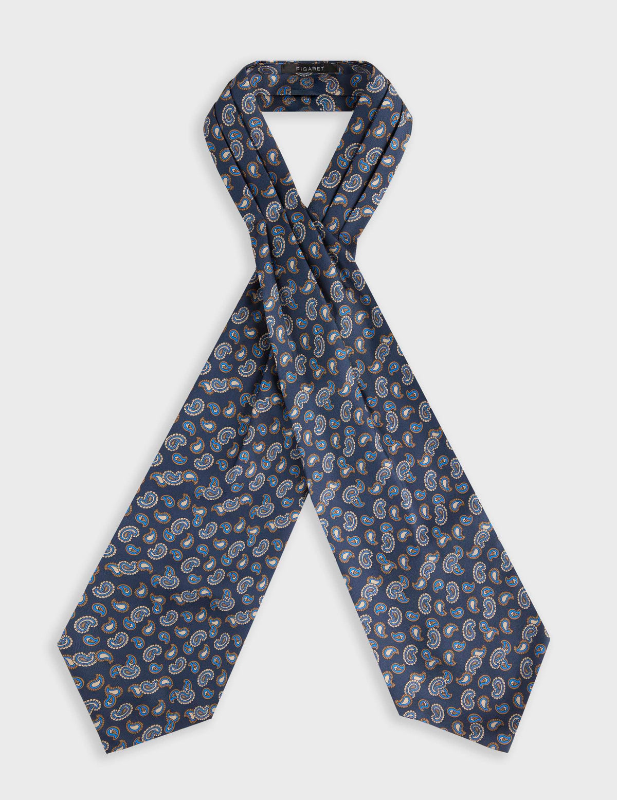 Ascot en twill de soie imprimé paisley bleu