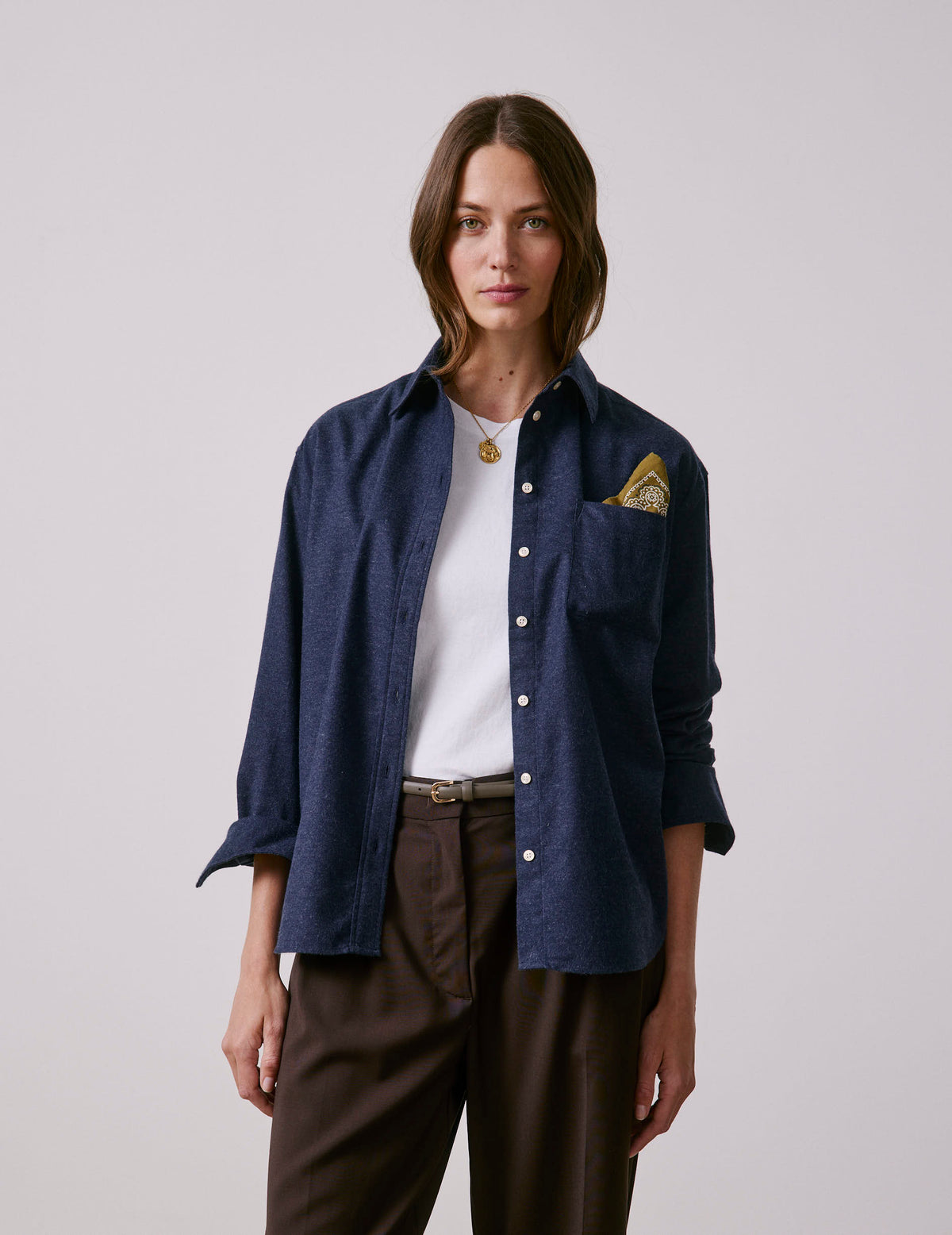 Chemise Charlotte en flanelle et cachemire bleu marine - Flanelle - Col Chemise