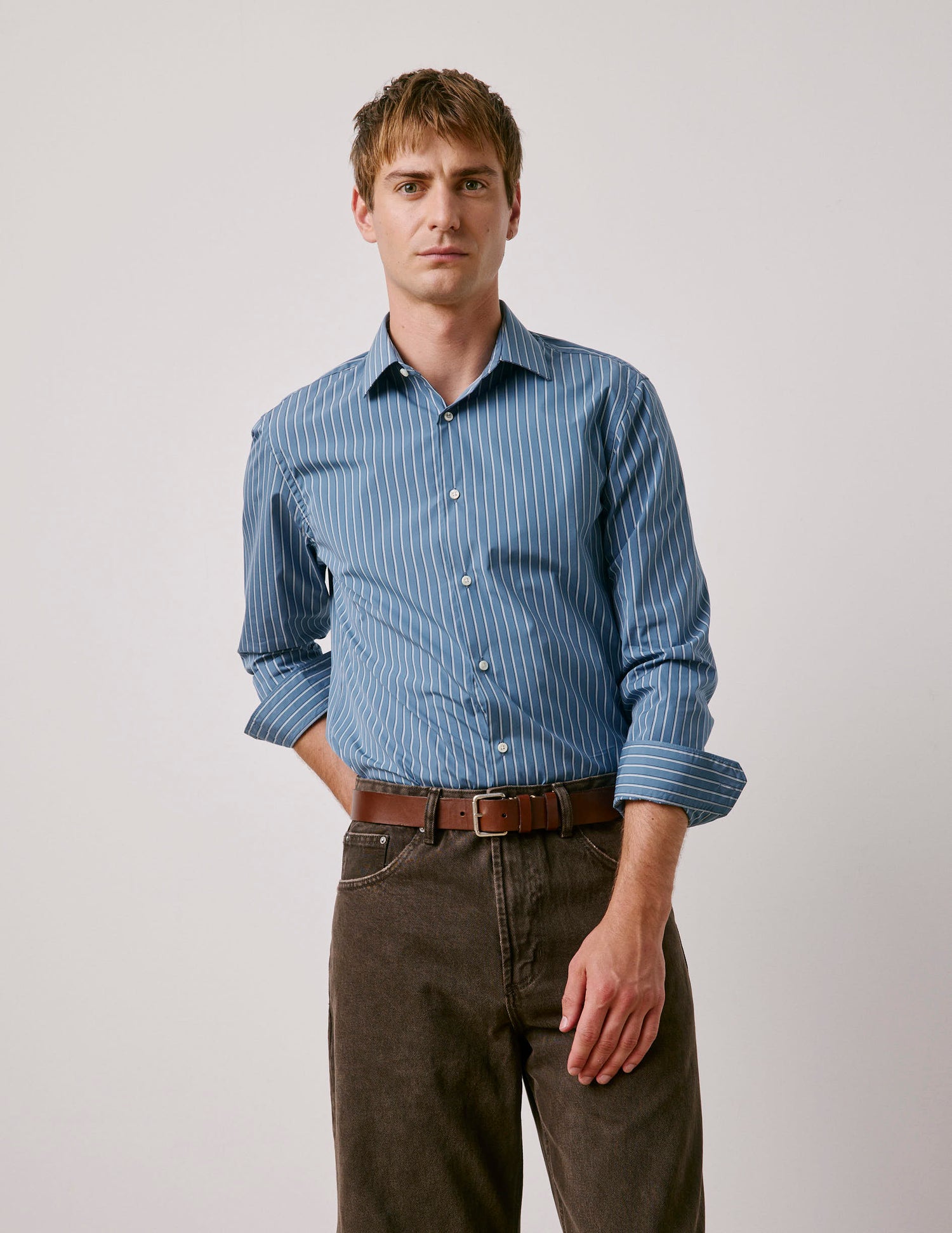 Chemise semi-ajustée rayée bleue - Popeline - Col Figaret