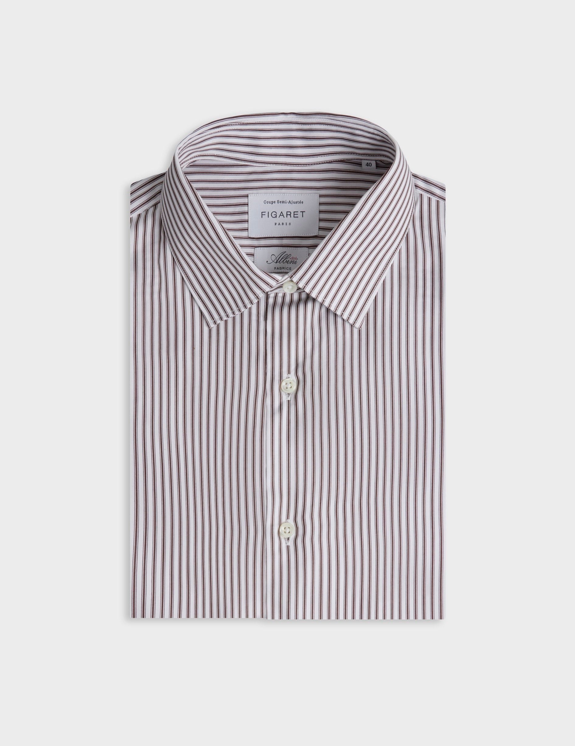 Chemise semi-ajustée rayée marron - Satin - Col Figaret