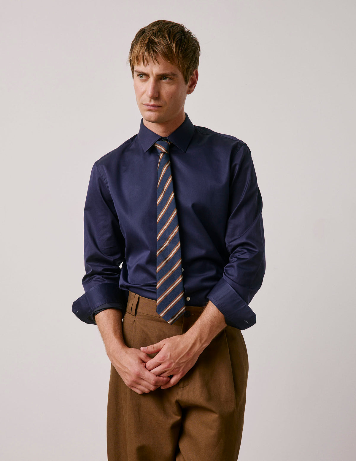 Chemise semi-ajustée Prestige bleu marine - Satin - Col Figaret