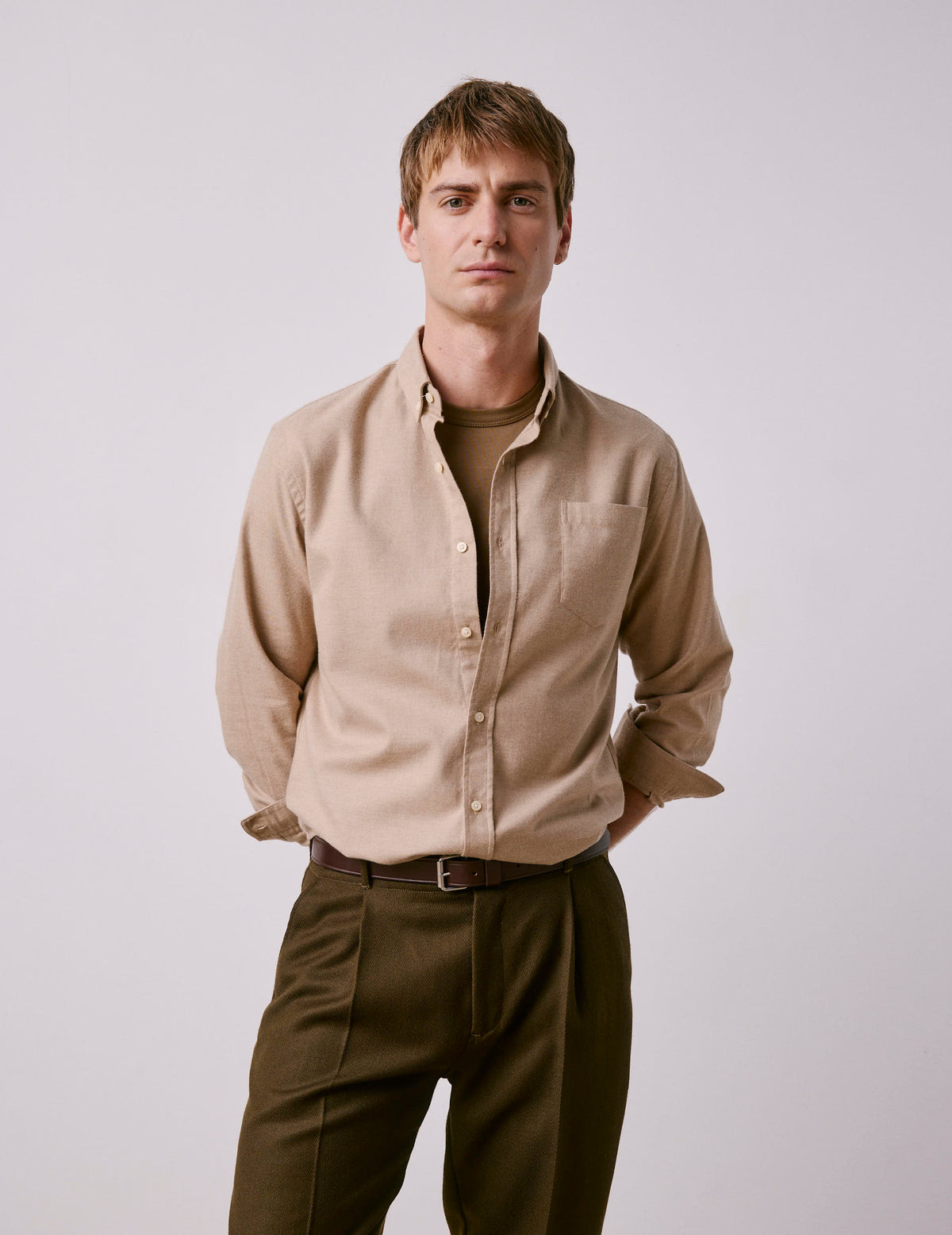 Chemise Gabriel en flanelle et cachemire beige - Flanelle - Col Américain