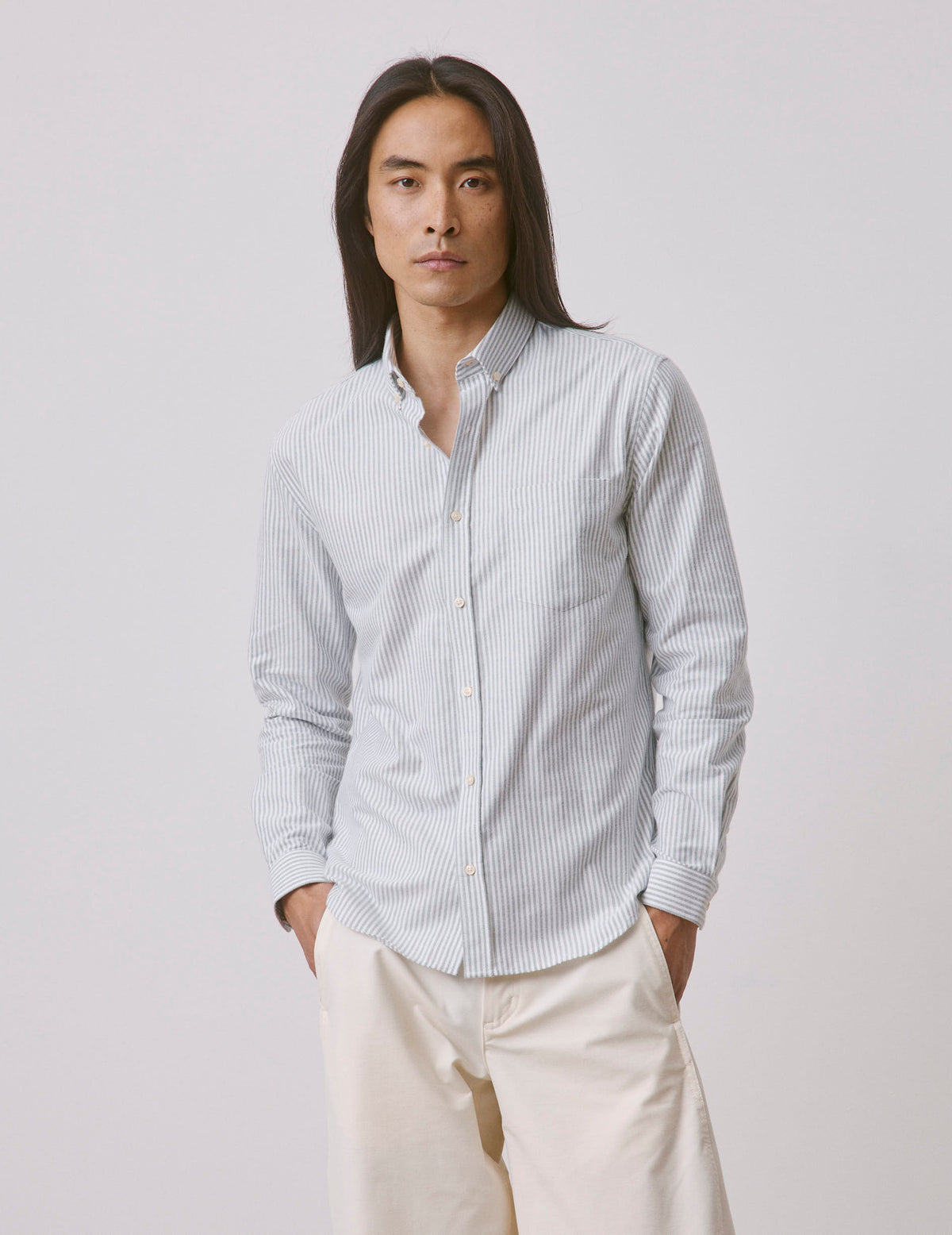 Chemise Gabriel rayée verte - Oxford gratté - Col Américain#3