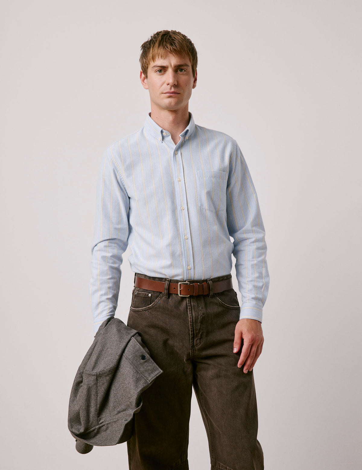 Chemise Gabriel bleue rayée jaune - Oxford gratté - Col Américain#3